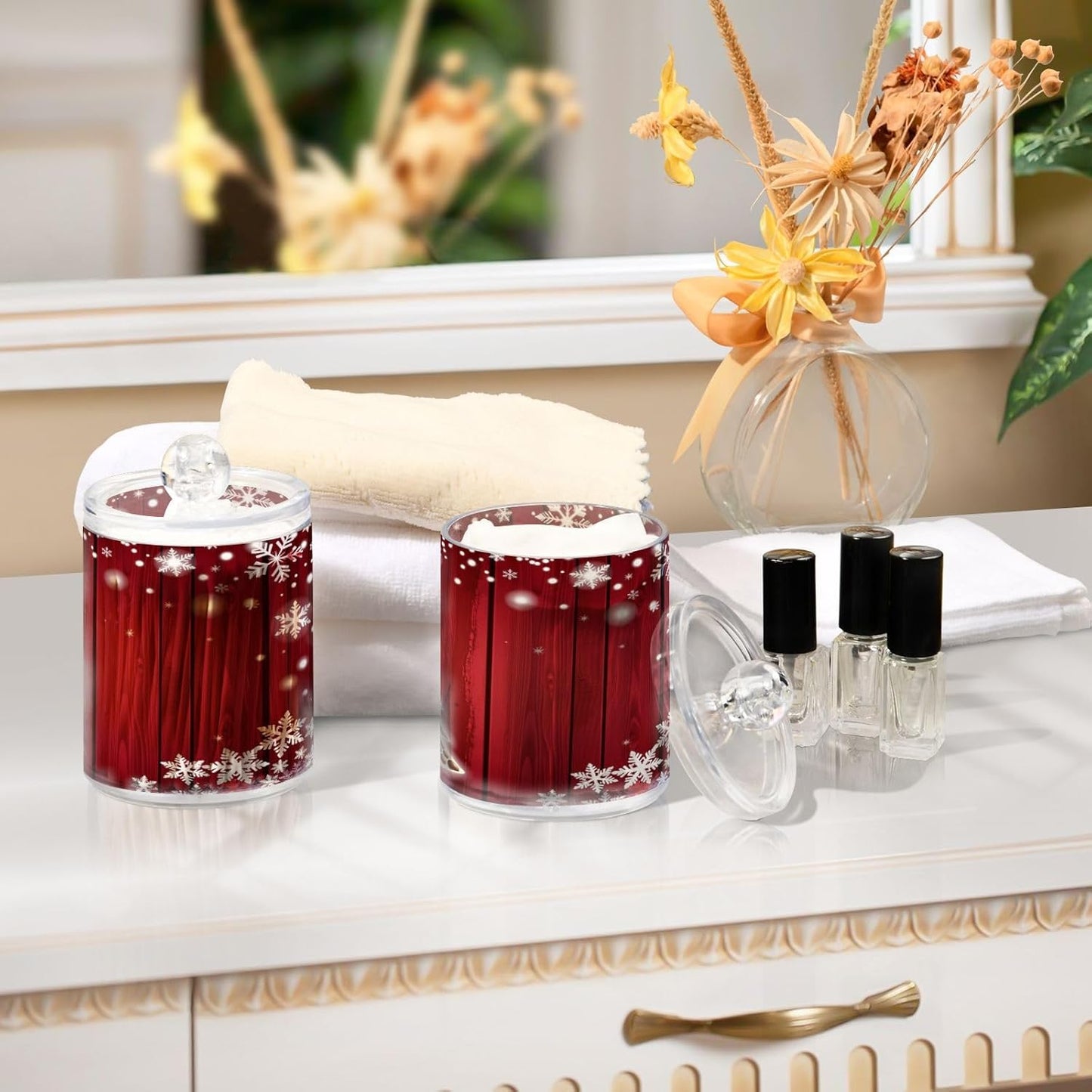 Gredecor Christmas Winter Qtip Holder Dispenser 2 Pack Christmas Tree Red Snowflakes Bathroom Decorative Storage Canister Holder Counter Vanity Organizer for Cotton Ball Swabs Pads Floss