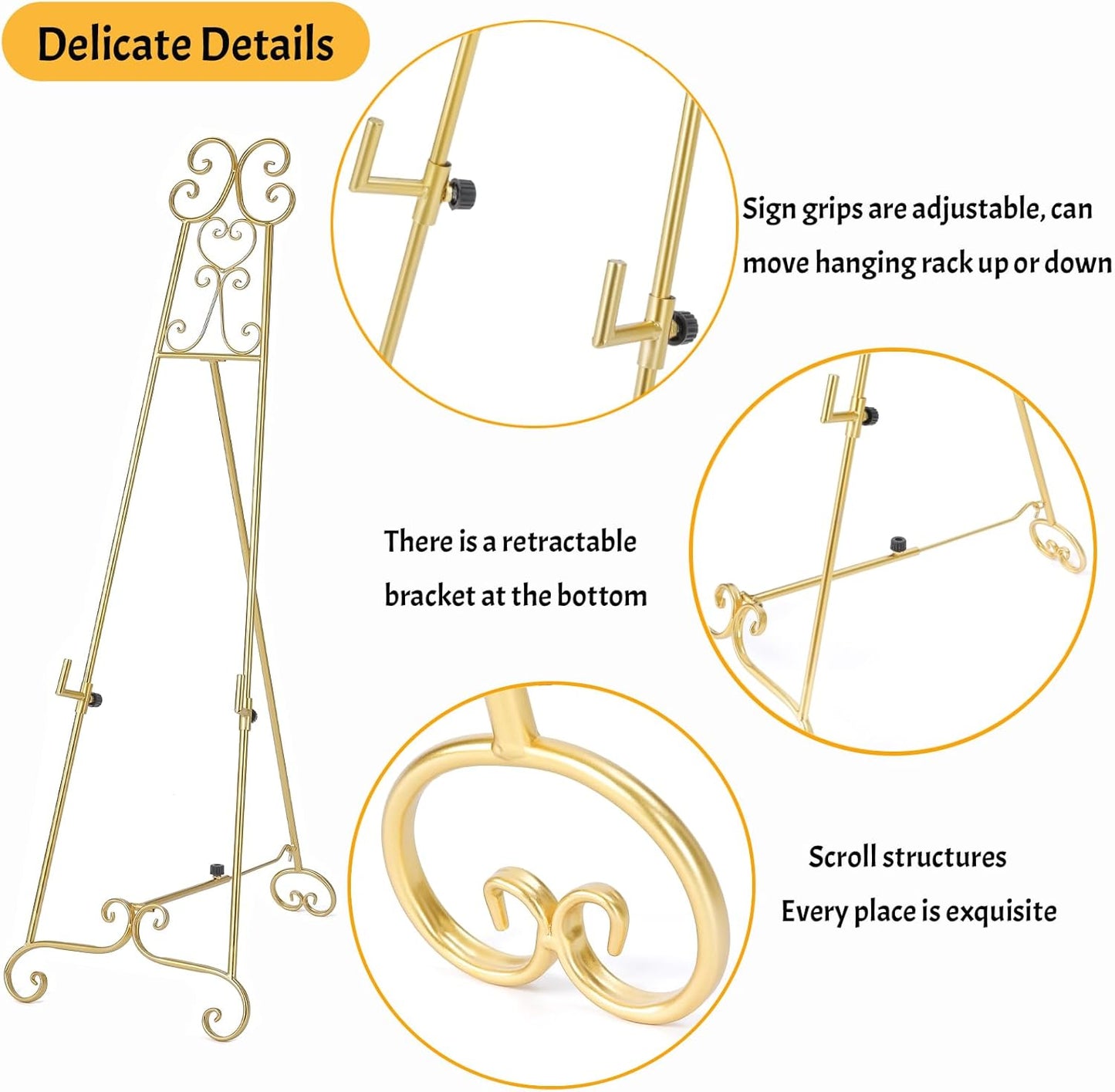 Metal Large Free Standing Adjustable Display Stand Scroll Easel with Chain Support, Gold Easel Stand for Sign, Heavy Duty Easel for Mirror, Wedding, Picture Frame (No Installation Required)