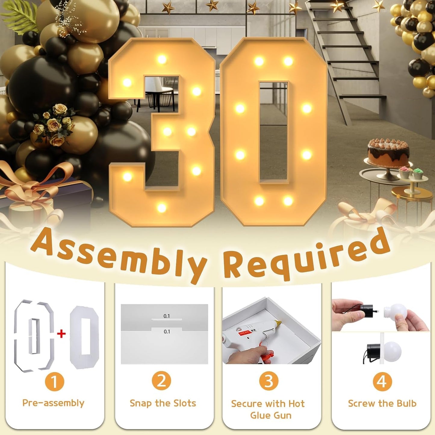 imprsv 3FT Light Up Numbers, Marquee Numbers 30th Birthday Decorations for Women, Men Foam Board Anniversary Party Decorations Arch Kit (DIY)