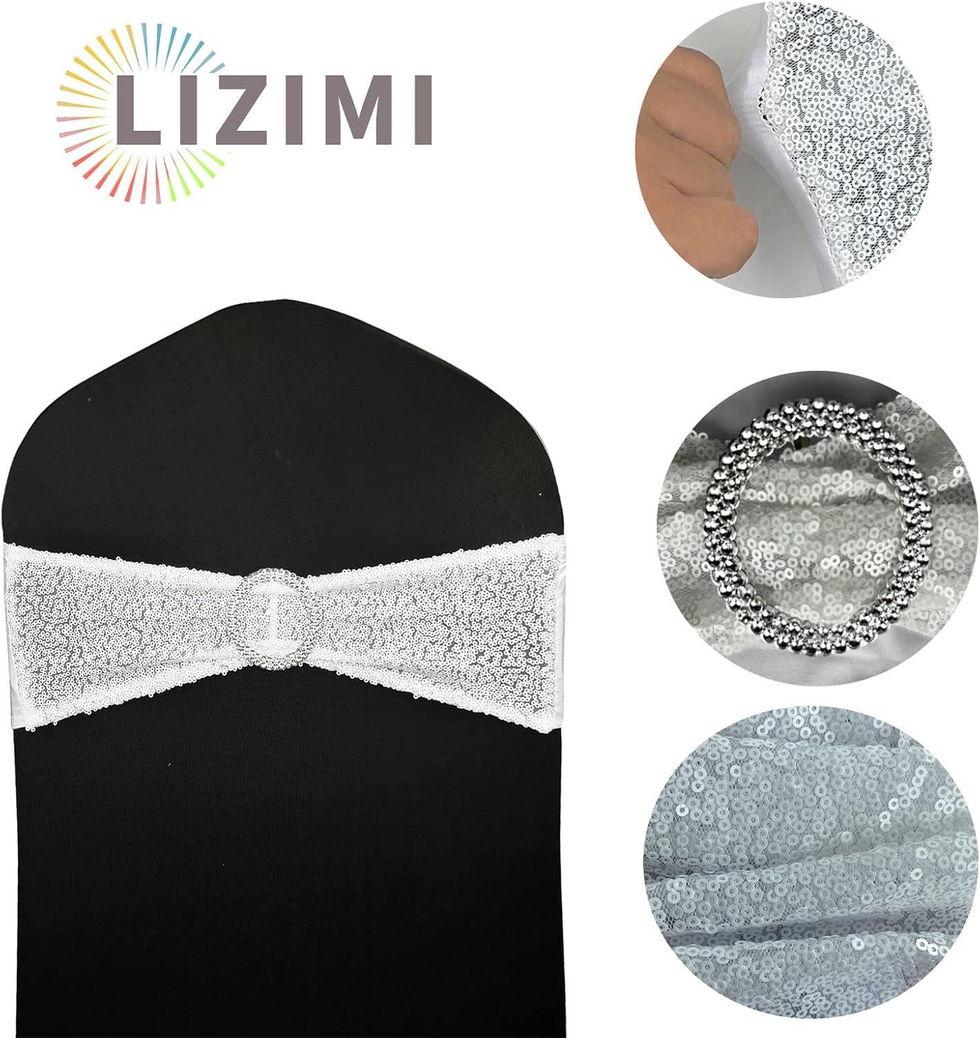 Sequin Chair Sashes Stretch Chair Bands Spandex Polyester Bows for Party Hotel Wedding Banquets Decoration - 6 Pcs White