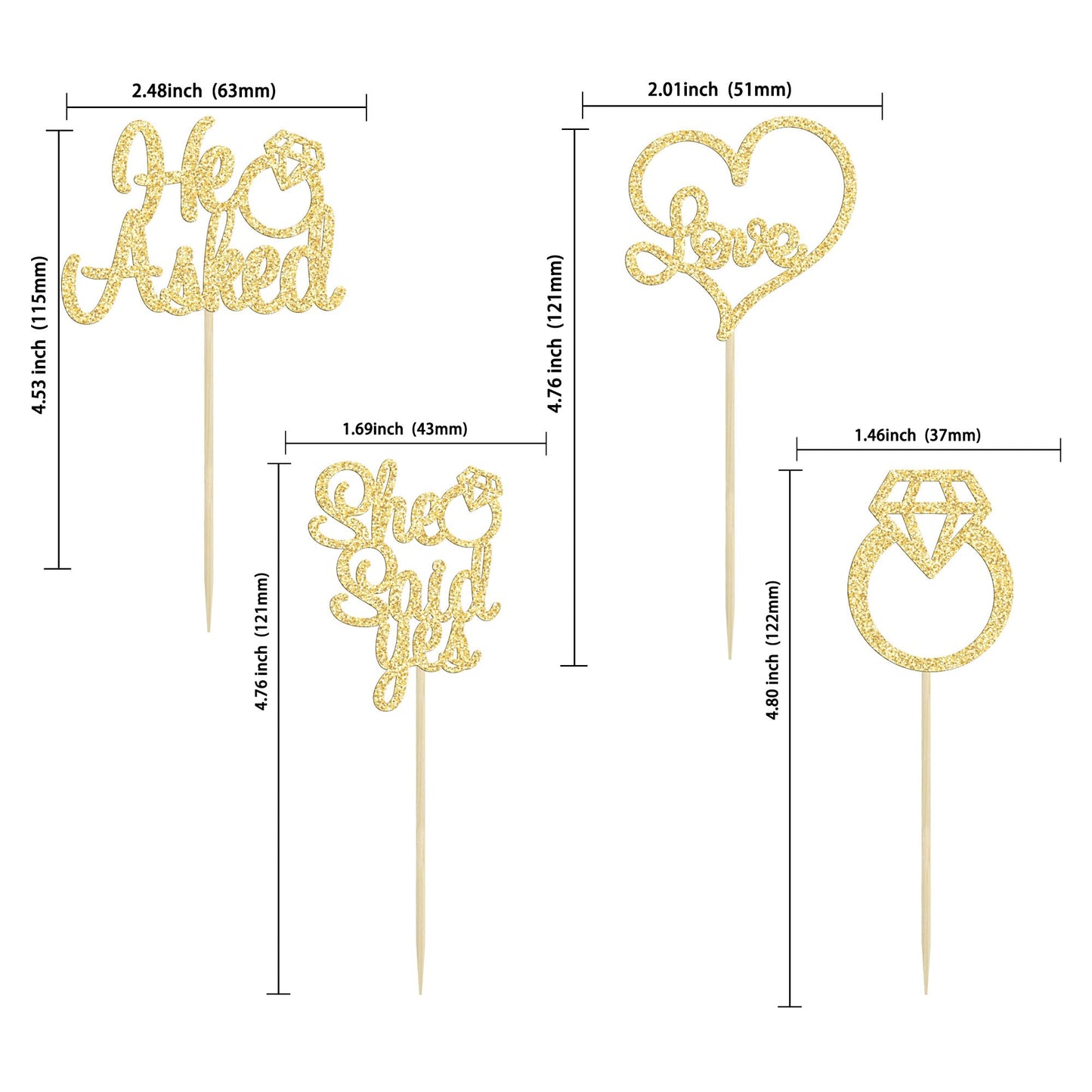 Gyufise He Asked She Said Yes Cupcake Toppers Gold Glitter Diamond Ring Heart Love Cake Picks for