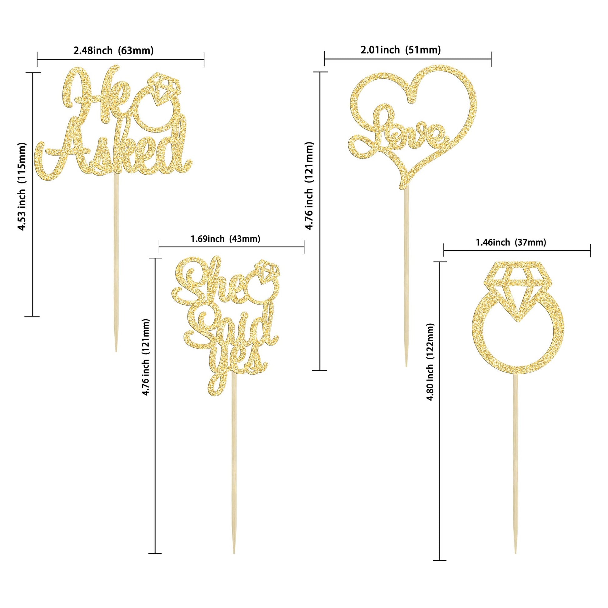 Gyufise He Asked She Said Yes Cupcake Toppers Gold Glitter Diamond Ring Heart Love Cake Picks for