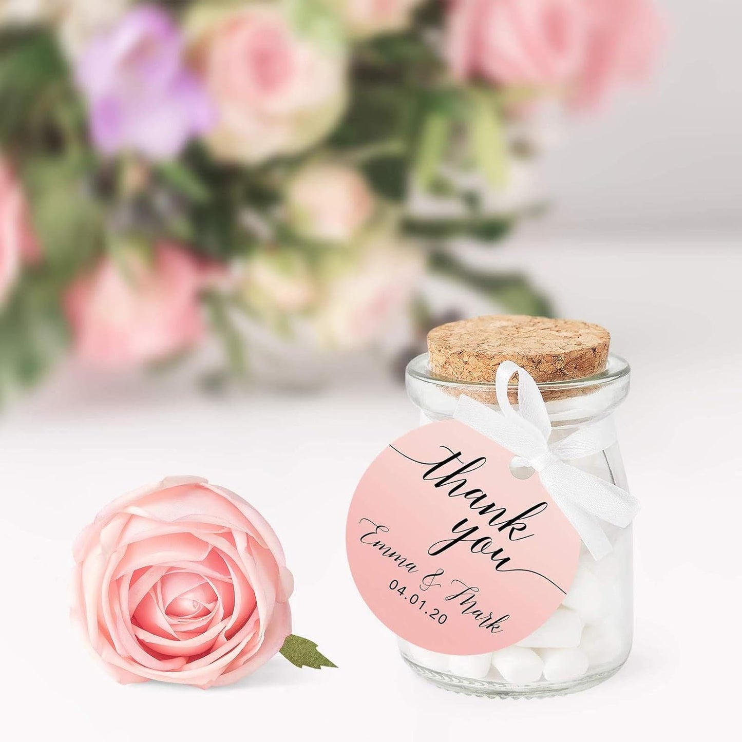 Andaz Press Personalized Blush Pink Rose Elegant Party Collection, Round Circle Tags, Thank You Olivia & John 04.14.20, 24-Pack, Custom Favors Decor