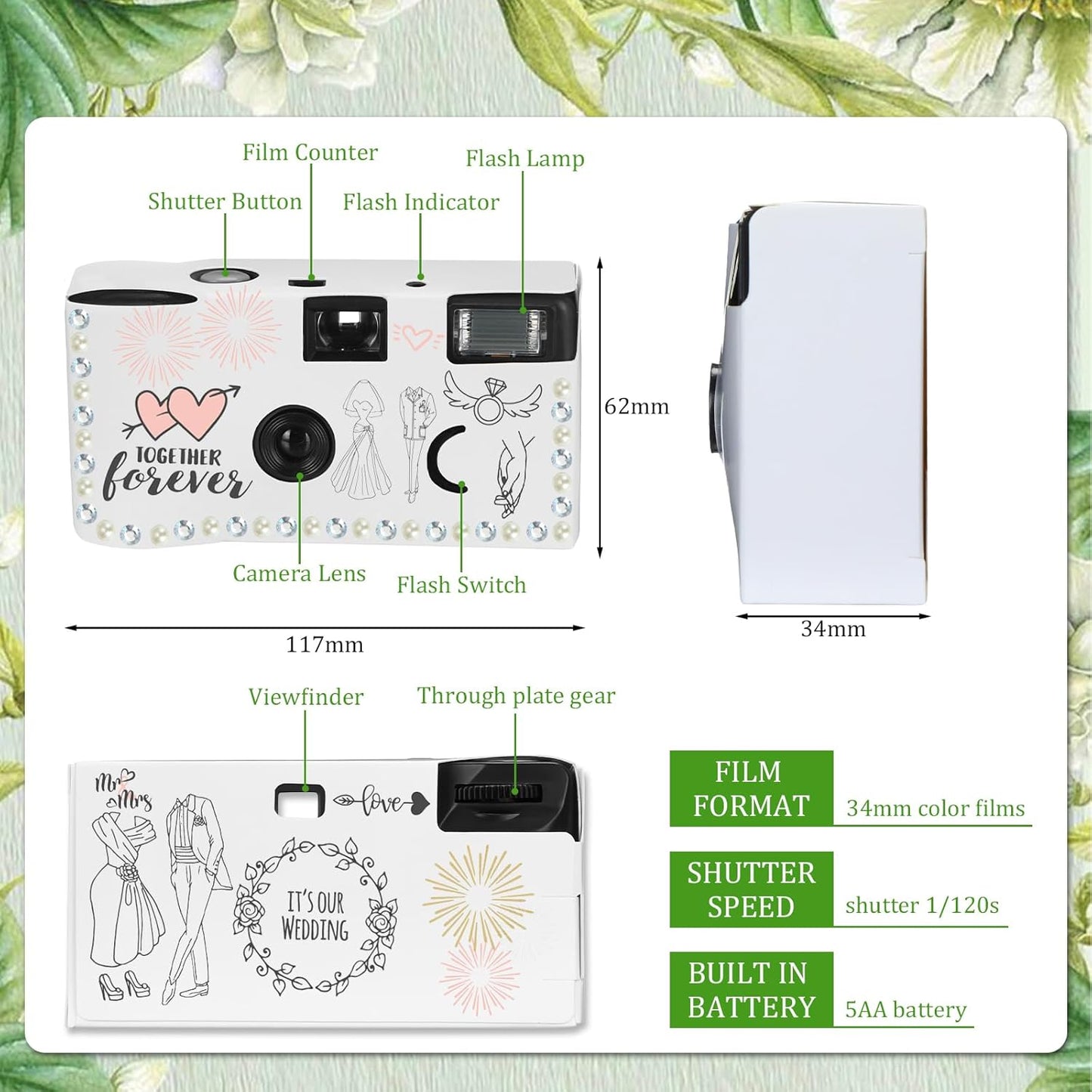 8 Pack Disposable Camera for Wedding 35 mm Film Single Use Camera with Flash Disposable White Cameras DIY One Time Camera for Wedding Anniversary, Travel, Camp, Party Supply