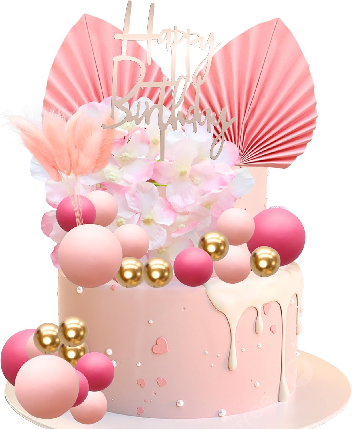 Gyufise 29Pcs Rose Red Artificial Flower Cake Decorations Acrylic Happy Birthday Cake Topper Balloon Cake Toppers Palm Fan Cake Picks for DIY Wedding Birthday Valentine's Day Party Supplies