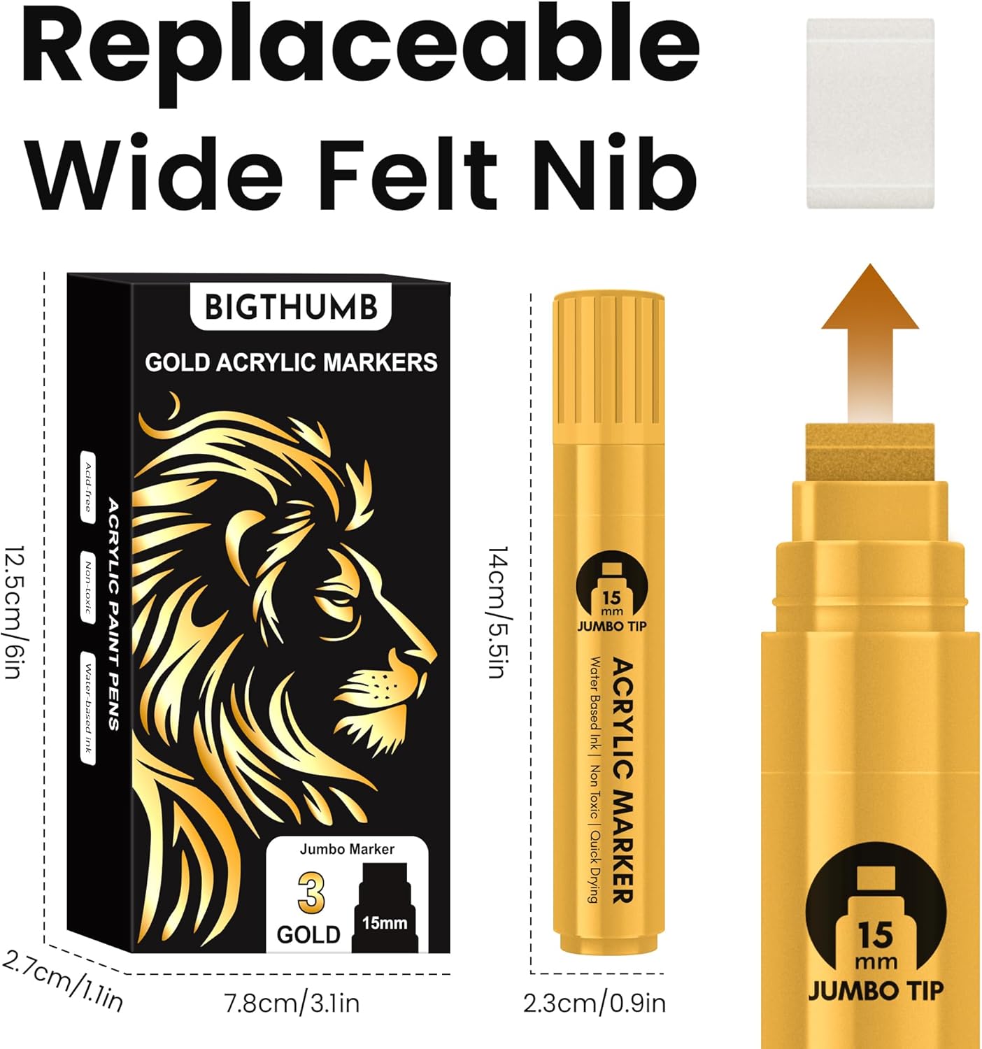 3 Pcs Gold Jumbo Permanent Markers: 15mm Wide Tip Thick Acrylic Paint Pen Large Calligraphy Marker for Rock Painting, Poster, Sign, Canvas, Glass, Wood, Ceramic