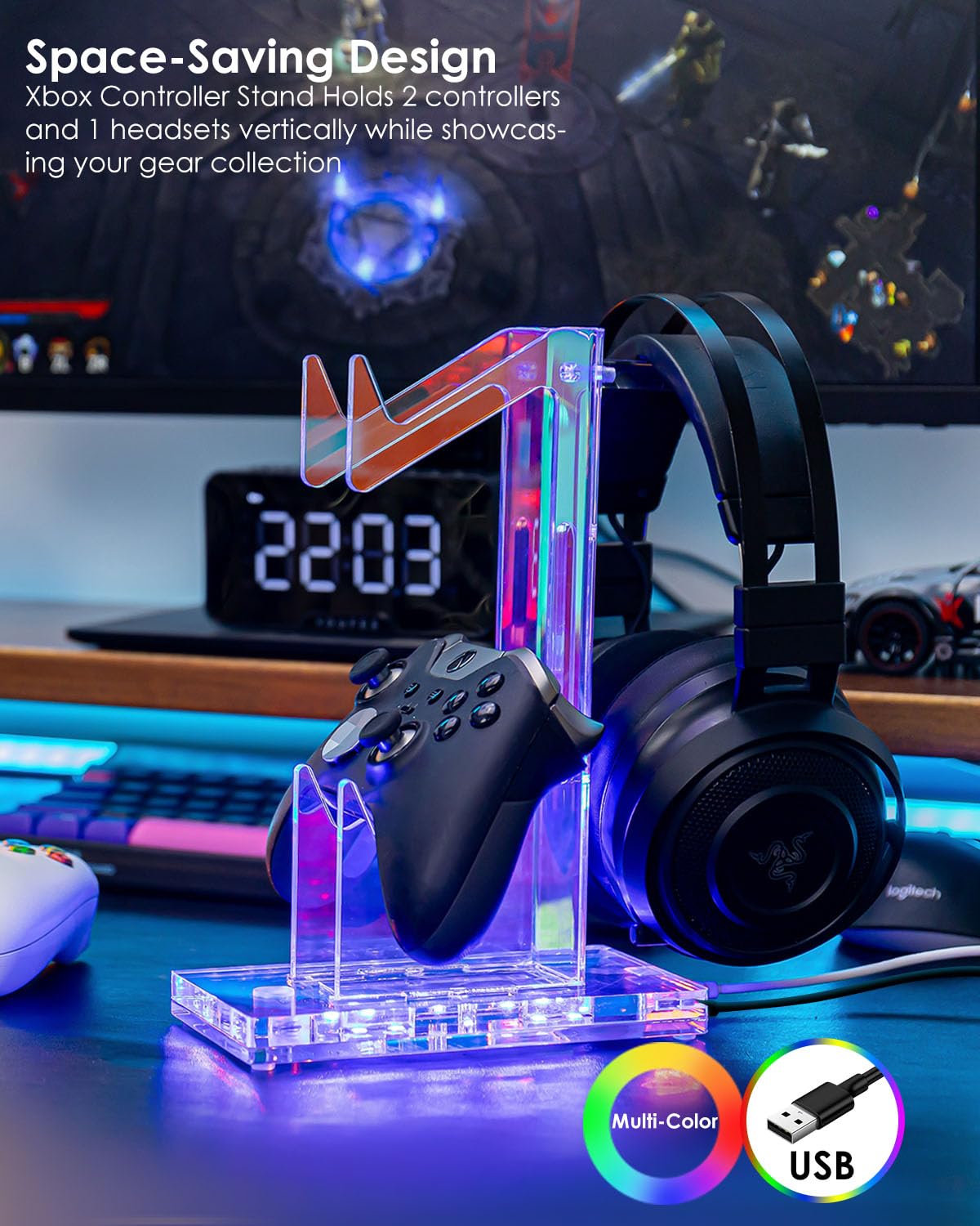 OAPRIRE Headset and Controller Stand with Lights, 2 Tier Acrylic Game Controller Holder, Controller and Headset Stand for Desktop,Universal Design Compatible with PS5/PS4/XBOX/SWITCH (Clear)