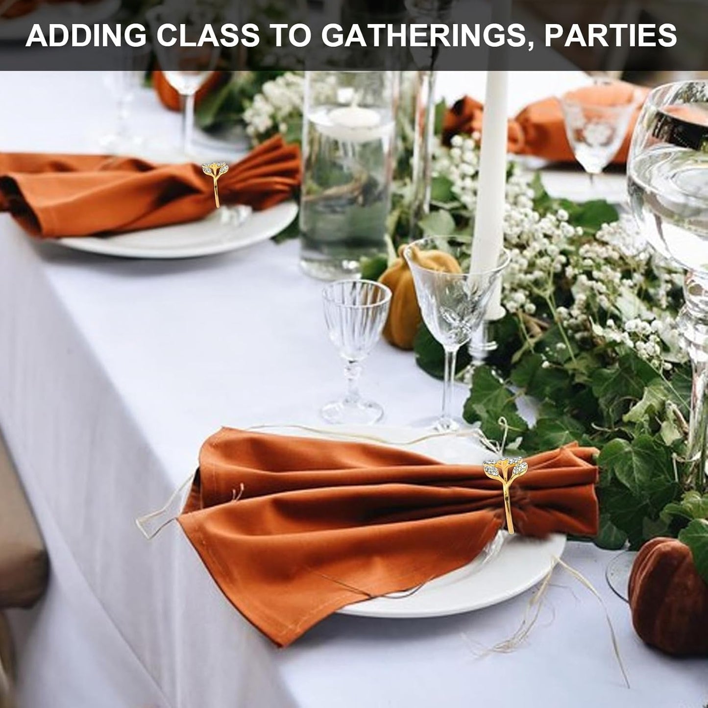 Gold Napkin Rings Set of 10,Napkin Rings Holder Buckles,Thanksgiving Christmas Napkin Ring Alloy Leaf Diamonds Napkin Ring for Dining Table Decor Wedding,Dinner Party Decorations White Diamonds 10pcs