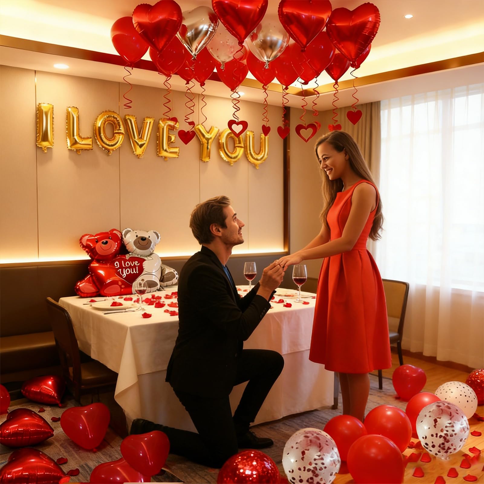 54pcs I Love You Heart Balloons Valentines Decoration with 50 Hanging 1000 Silk Rose Petal Bear