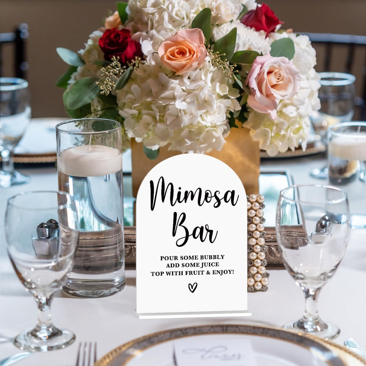 Acrylic Wedding Signs, Bridal Shower Decorations, Mimosa Bar Signs for Reception, Modern Calligraphy Arch Acrylic Table Top Sign for Wedding Reception and Engagement Parties (White)