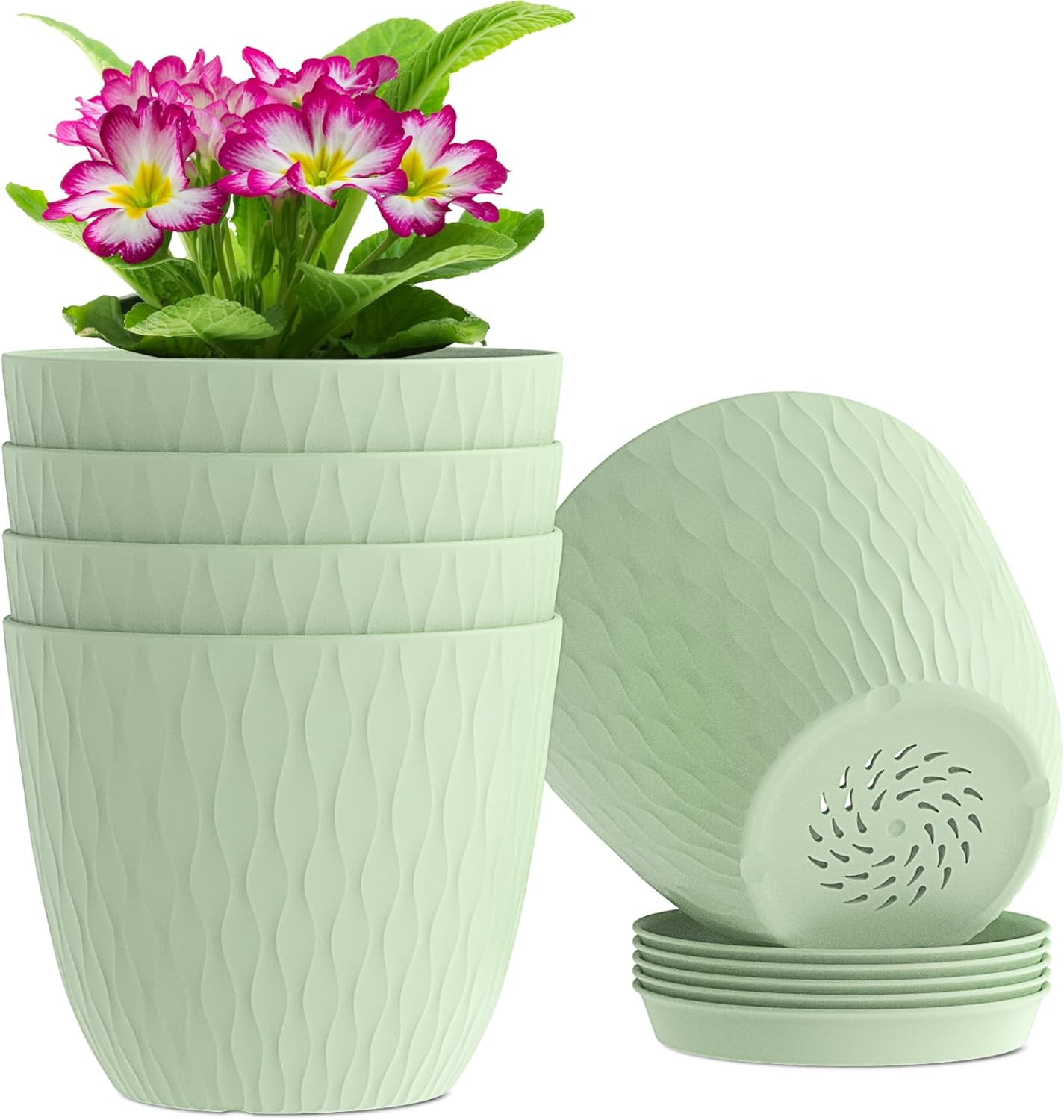 6 inch Plant Pots, 5 Pack Flower Pots with Drainage Holes and Saucers for Indoor Plants, Plastic Planters with Water Ripple for Small Garden House Plants, Nursery Pots for Succulent, Green