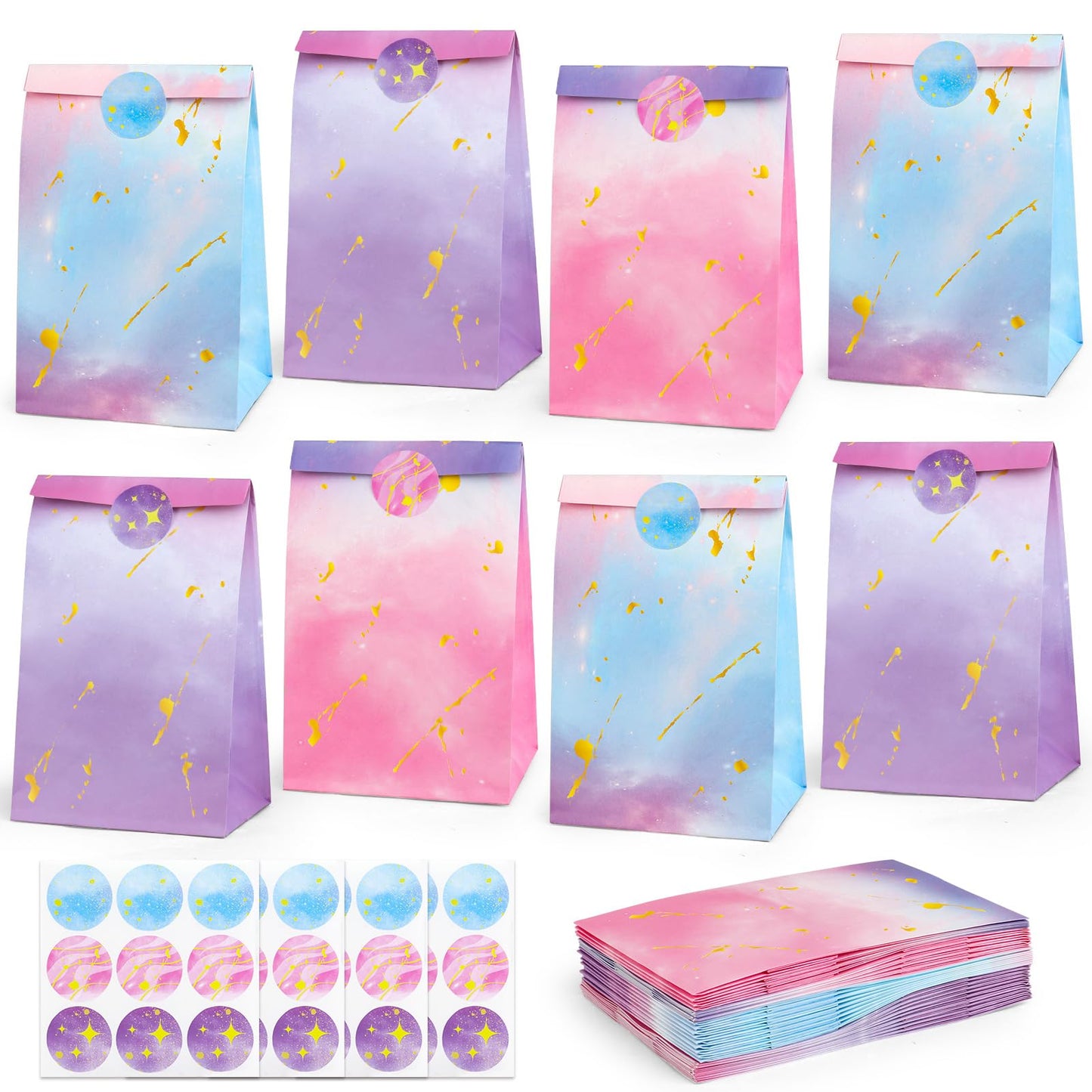 HEJIN 30PCS Tie Dye Party Bags with Stickers, Pink and Purple Small Gift Bags, Mermaid Unicorn