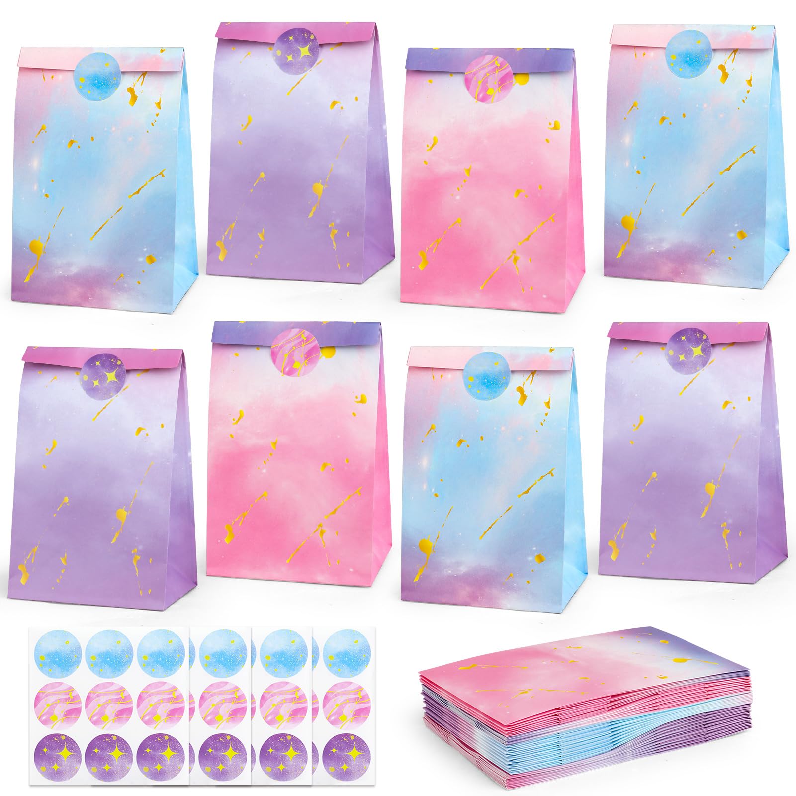 HEJIN 30PCS Tie Dye Party Bags with Stickers, Pink and Purple Small Gift Bags, Mermaid Unicorn