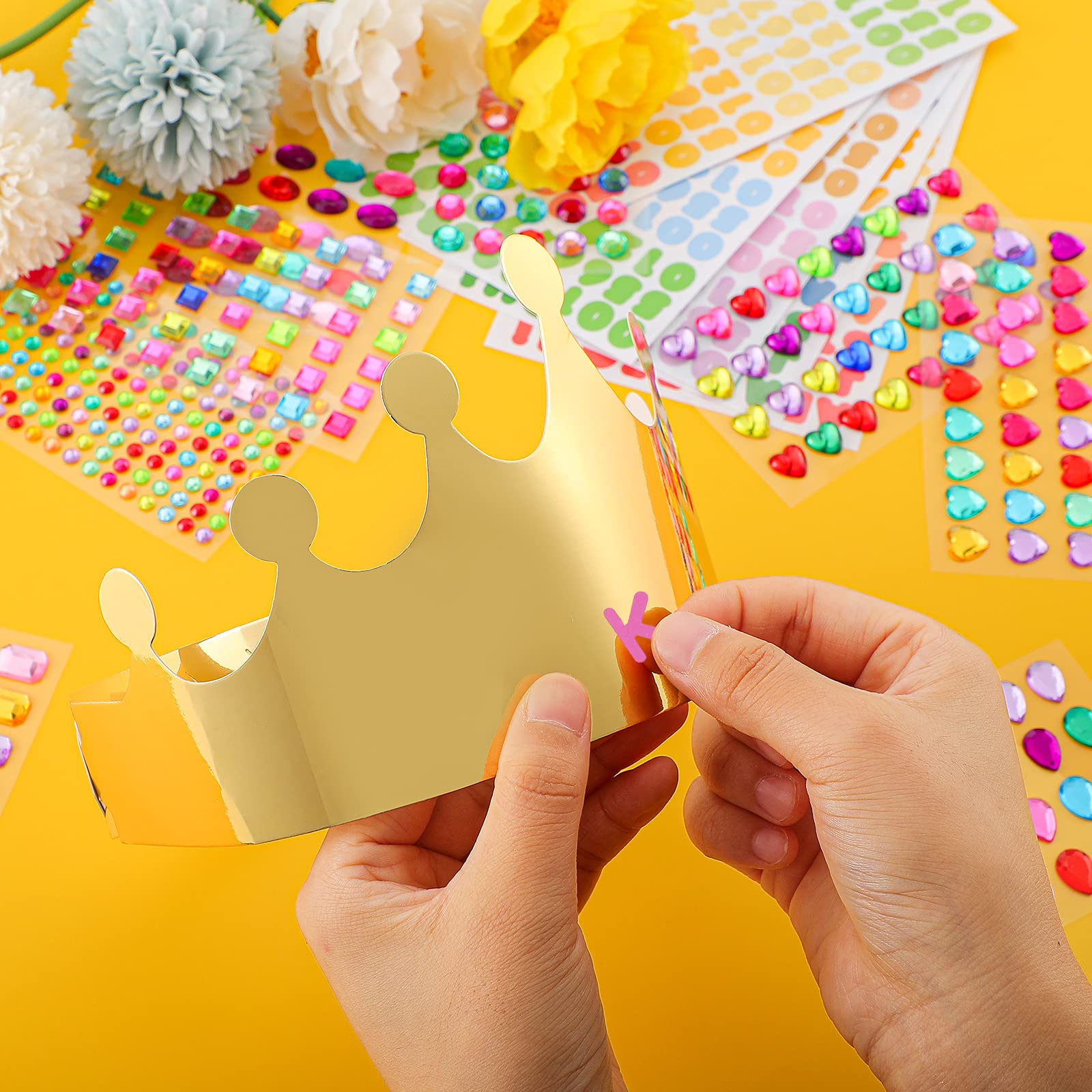 Chinco 34 Pcs DIY Gold Paper Crown for Kids Birthday Party with Gem Sticker