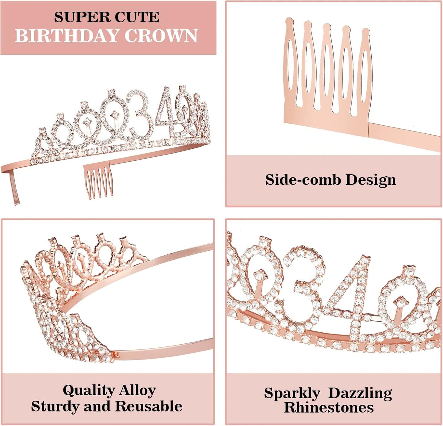 34th Birthday Decorations for Women Including Birthday Sash, Tiara/Crown, Numeral Candles and Cake Topper, 34 Year Old Gifts for Women, Rose Gold Party Decor Supplies