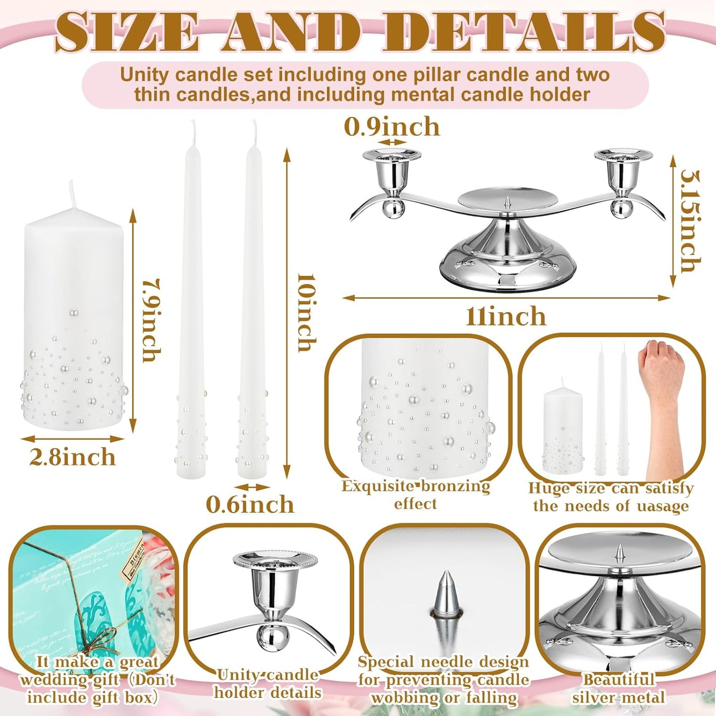 Irenare Unity Candles with Holder for Wedding Ceremony Wedding Decortions Accessories Glass Candle Holder Pillar Candle for Formal Events Church(Pearl)