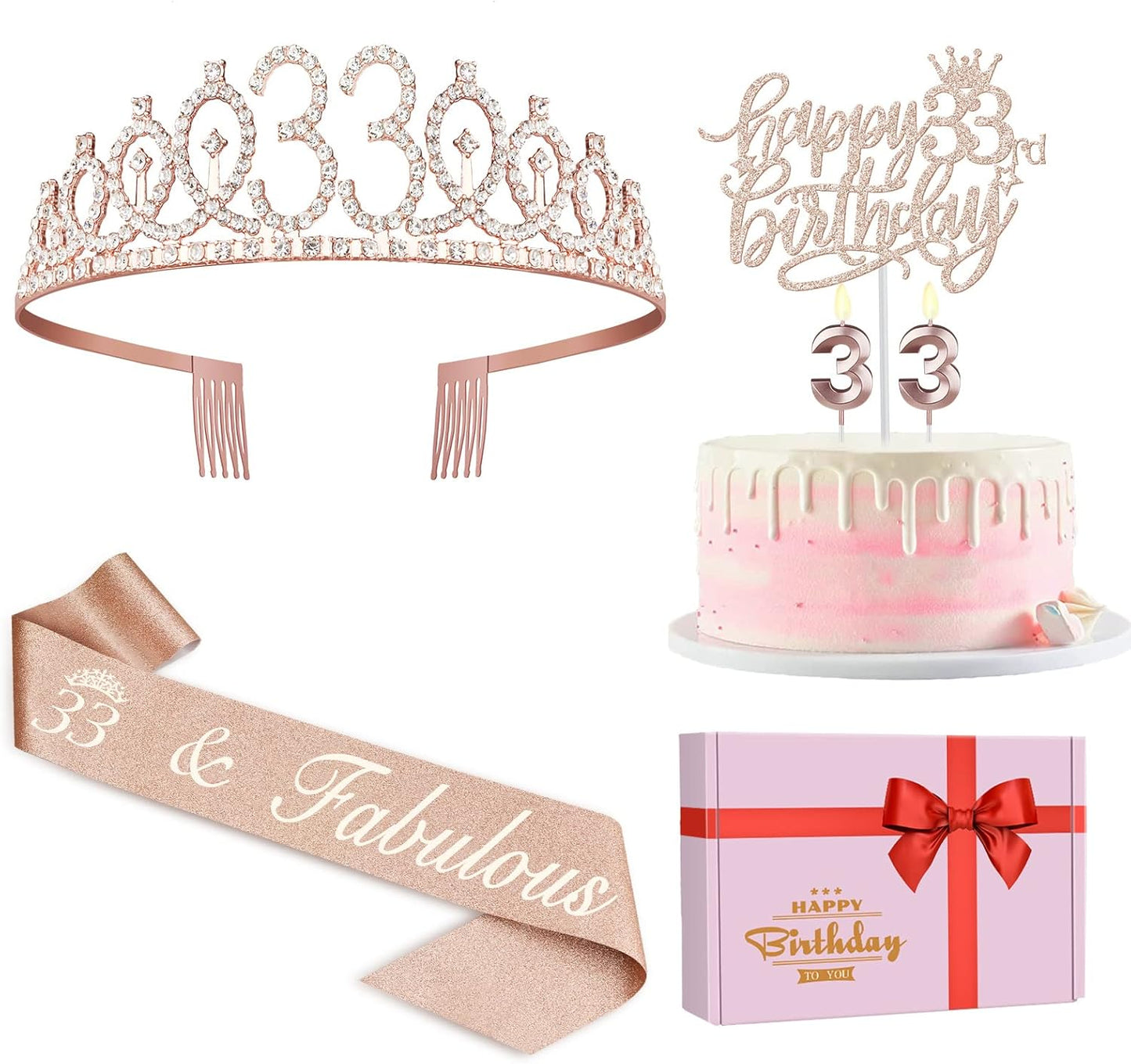 33 Birthday Decorations for Women Including Birthday Sash, Tiara/Crown, Numeral Candles and Cake Topper, 33 Year Old Gifts for Women, Rose Gold Party Decor Supplies