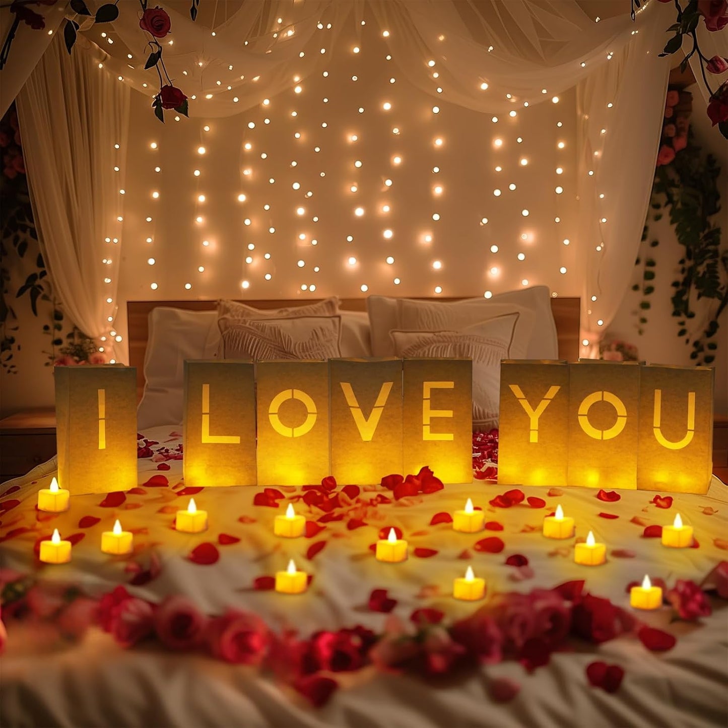 Homemory I Love You Light Up Letters Proposal Decorations with Flameless Candles and Fake Rose Petals, Valentine's Day Luminary Bags Romantic Decorations Special Night for Wedding Anniversary