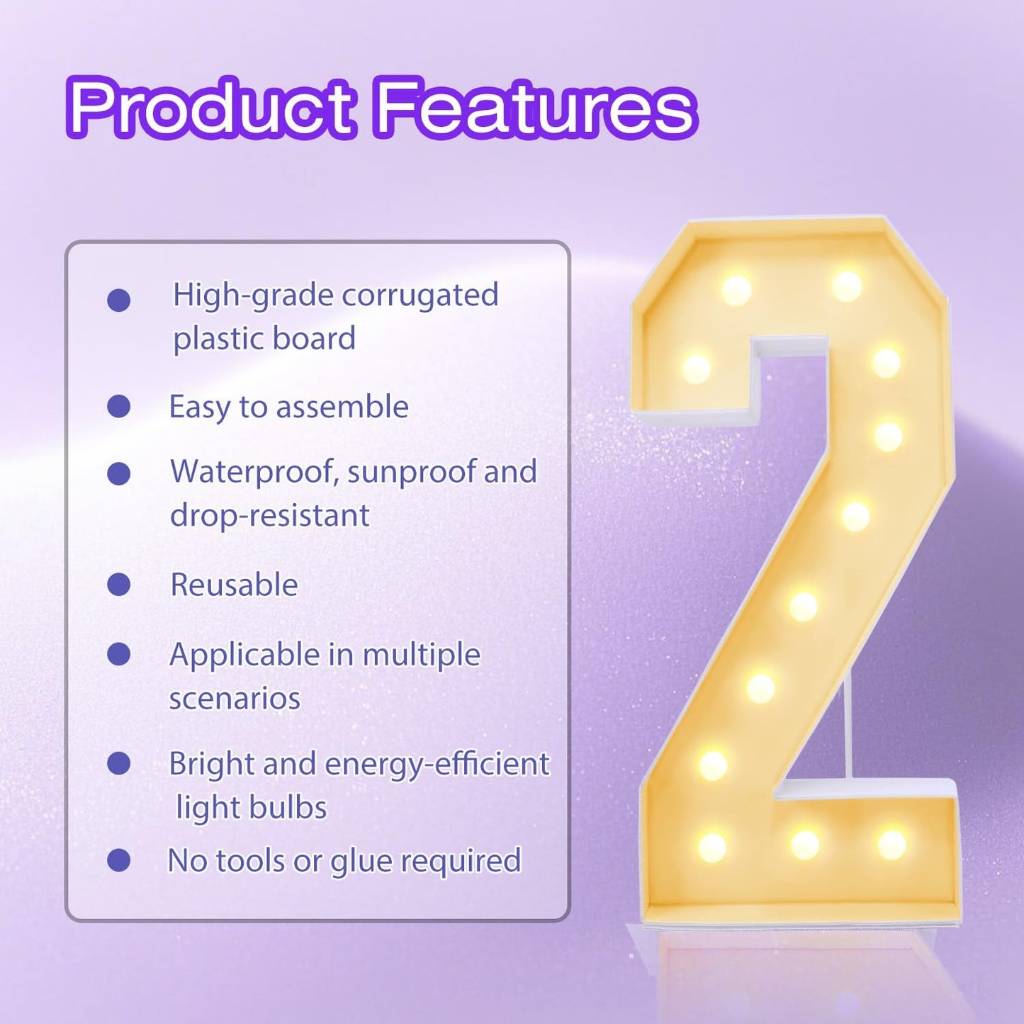 4FT Plastic Marquee Numbers 2 - Light up Numbers Are Made from Corrugated Plastic Board - Quick Assembly Without Tools, Disassembled Components Can Be Used for Photo Wall Decoration, Yard Sale Signs