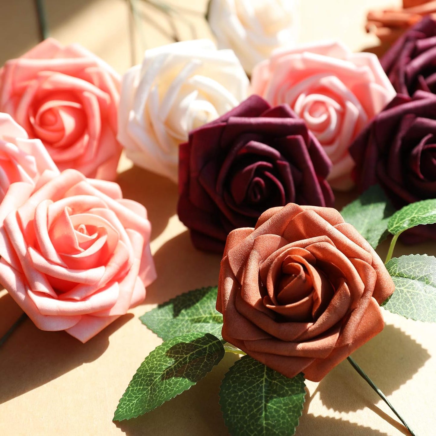 AmyHomie Artificial Flower Shades of Burgundy Rose 25pcs Real Looking Fake Roses w/Stem for DIY Wedding Bouquets Centerpieces Arrangements Party Baby Shower Home Decorations