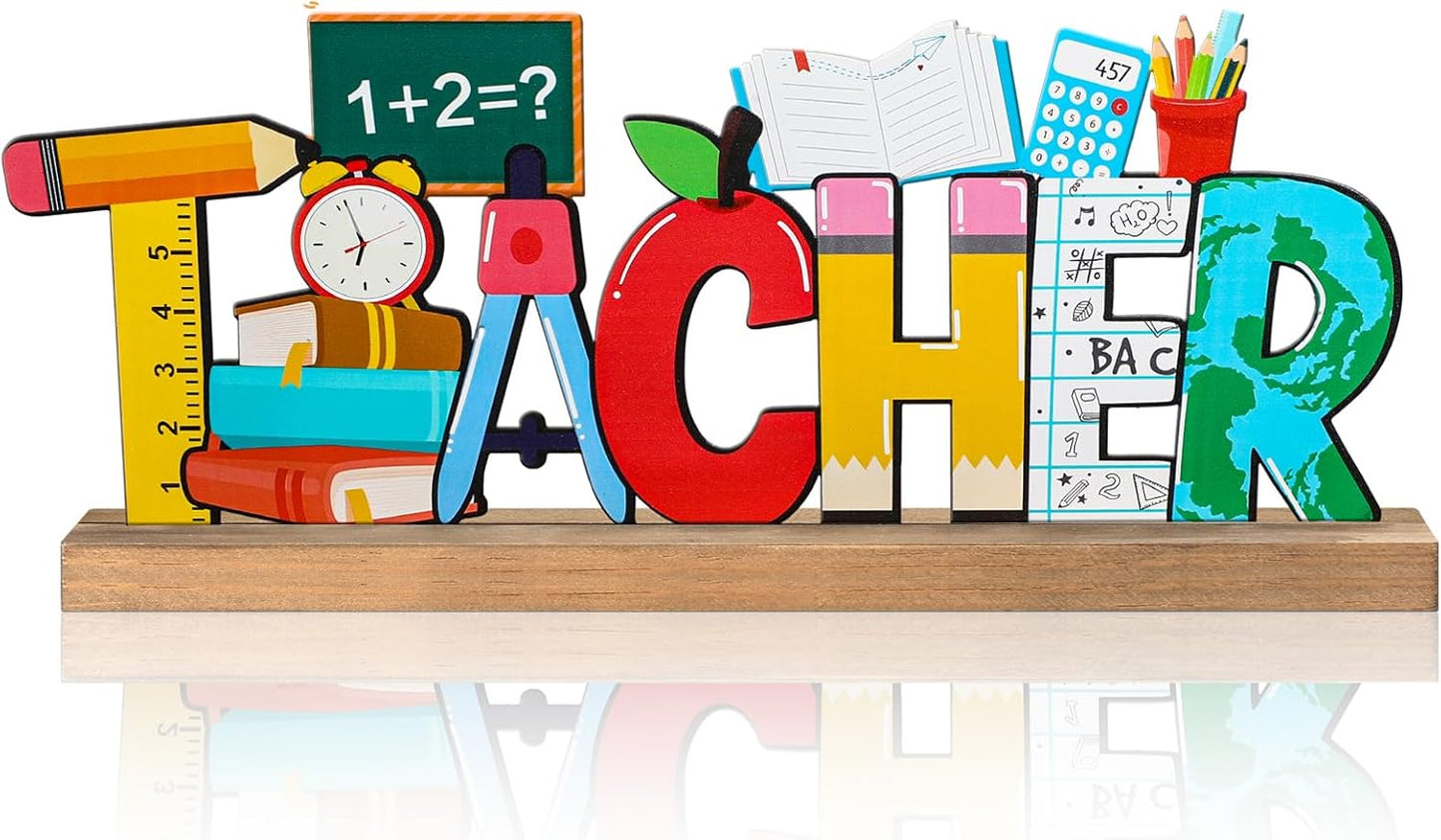 Back to School Metal Sign Teacher Appreciation Table Decor Holiday Tiered Tray Decor with Wooden Base Freestanding Metal Word Sign for Home Tabletop Centerpiece Mantel Shelf Fireplace