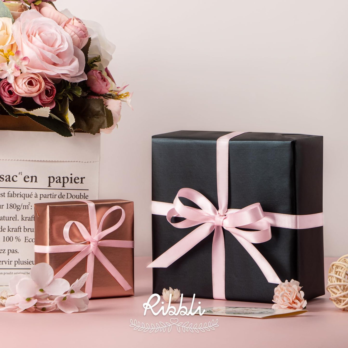 Ribbli Double Faced Light Pink Baby Pink Satin Ribbon,1/4” x Continuous 25 Yards,Use for Bows Bouquet,Gift Wrapping,Baby Shower,Floral Arrangement