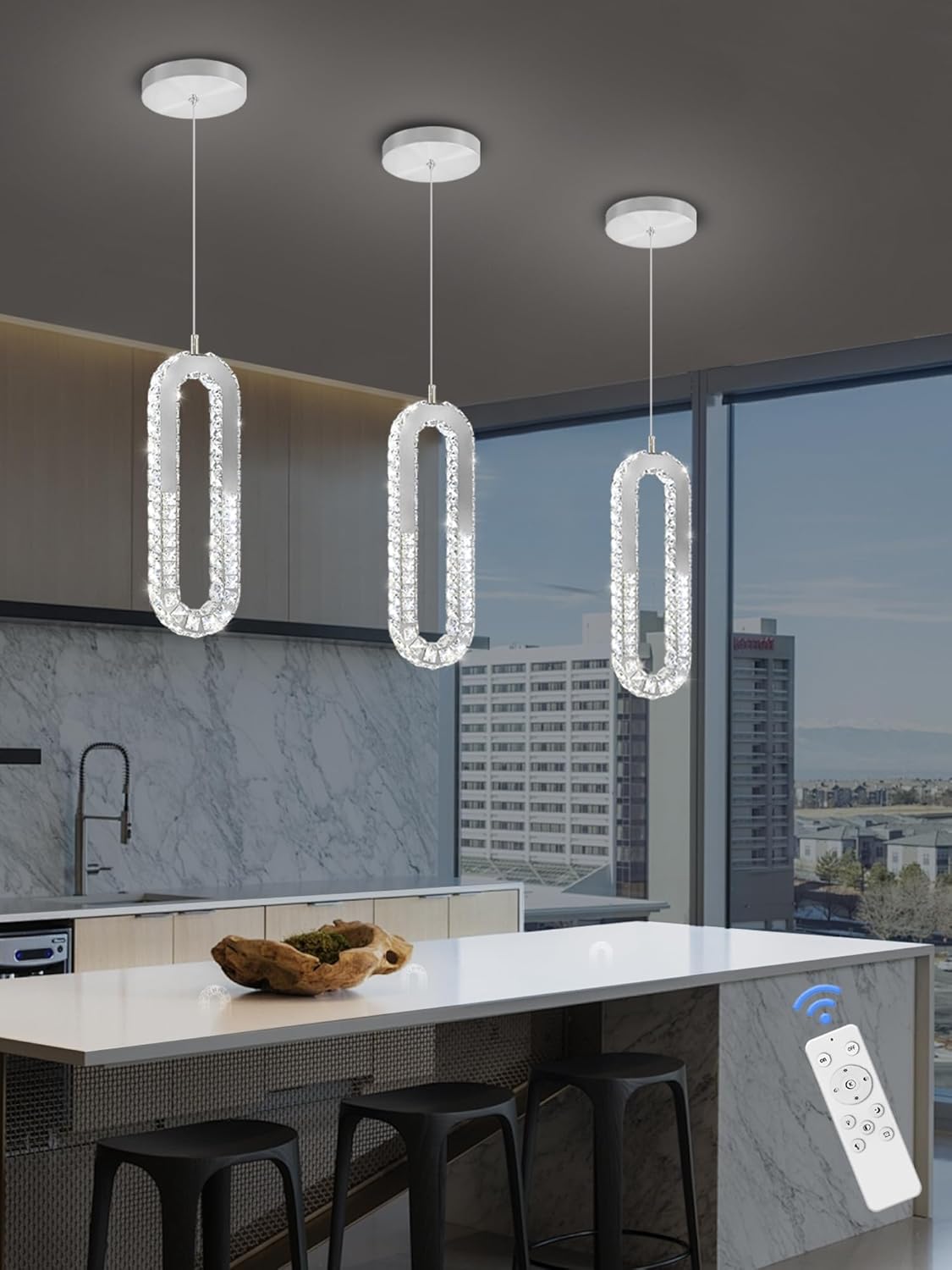 1-Ring Chandelier Silver Modern Pendant Lighting LED Dimmable Hanging Crystal Chandelier for Kitchen Island Foyer Lobby Living Room Staircaes