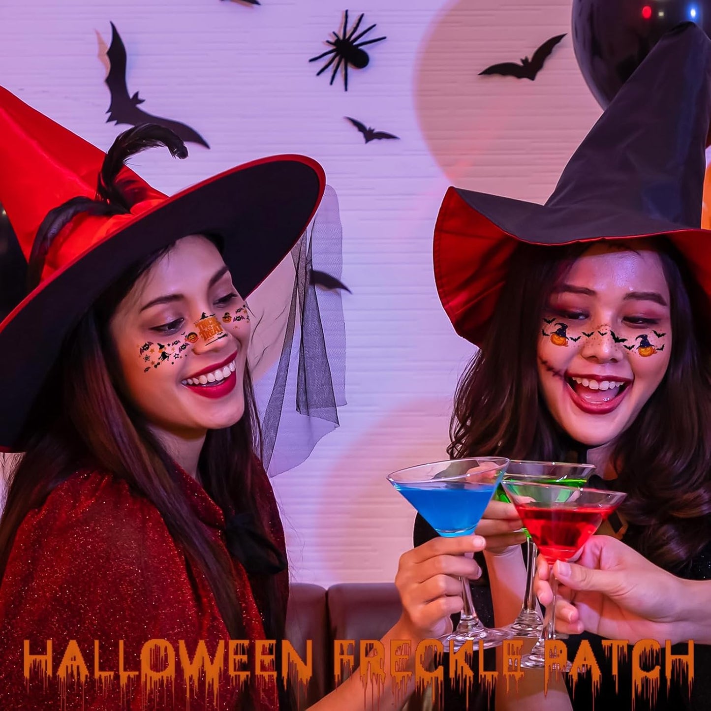 Glitter Freckles, 24PCS Glitter Freckles Face Tattoo, Sparkle Freckles for Women, Waterproof Gold Temporary Face Tattoos Glitter Glow Up Patches Makeup Patches (Halloween 10pcs)