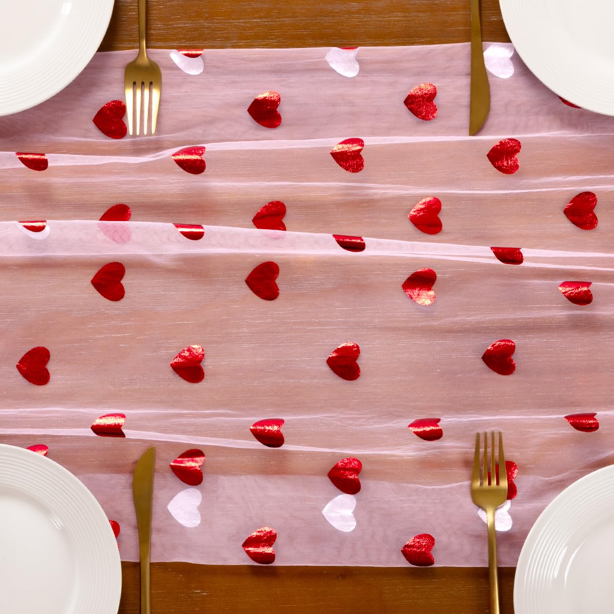 Gold Gauze Table Runner Red Heart Sheer Romantic Wedding Party Table Decor