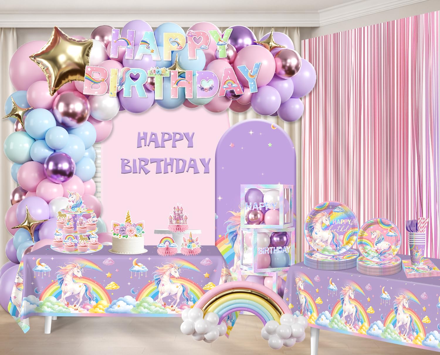 296pcs Unicorn Birthday Decorations for Girl, All-in-One, Set for 25 Guests