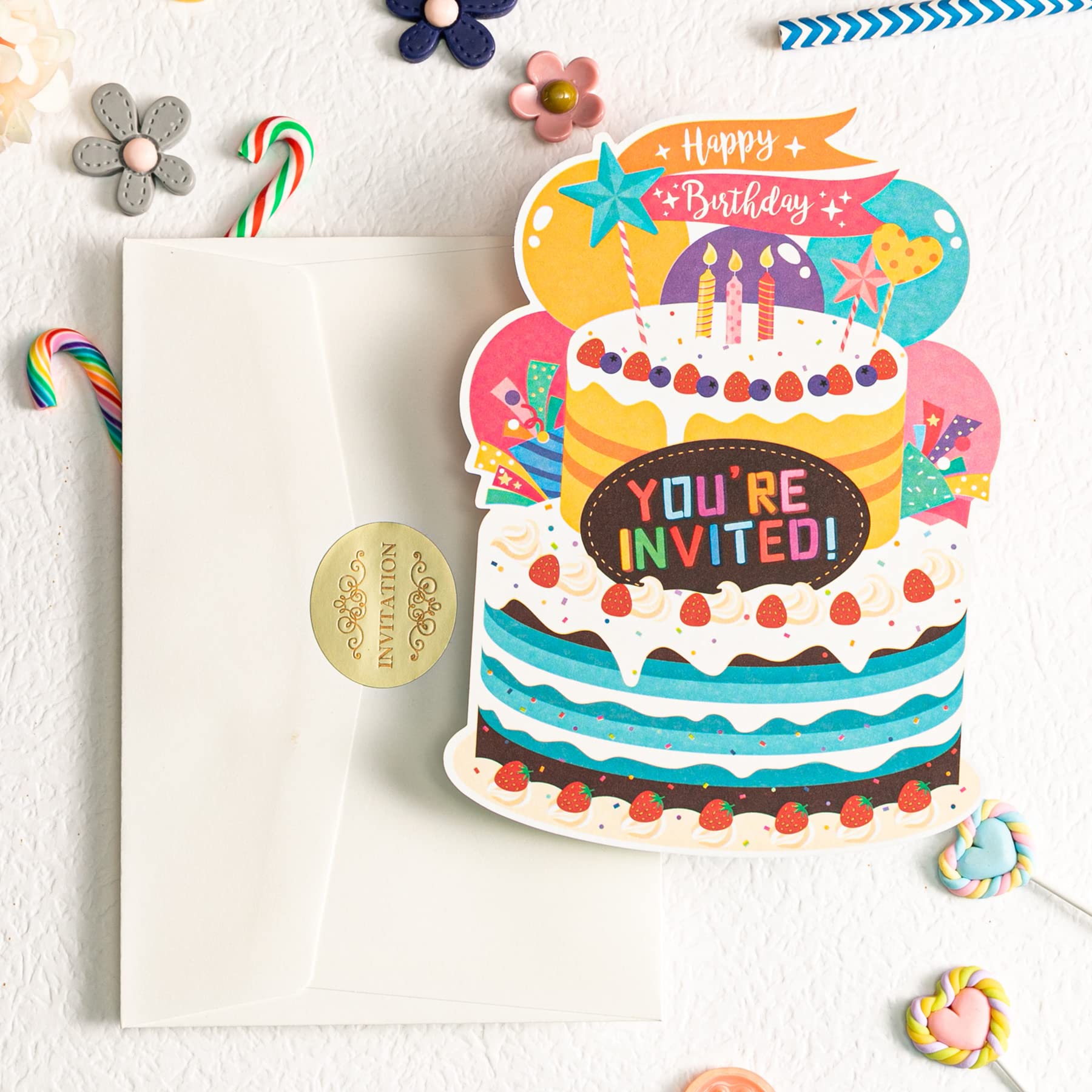 WISHGIFT 25Pcs/Set Birthday Party Cake Invitations with Envelopes, Kids Birthday Party Invitations