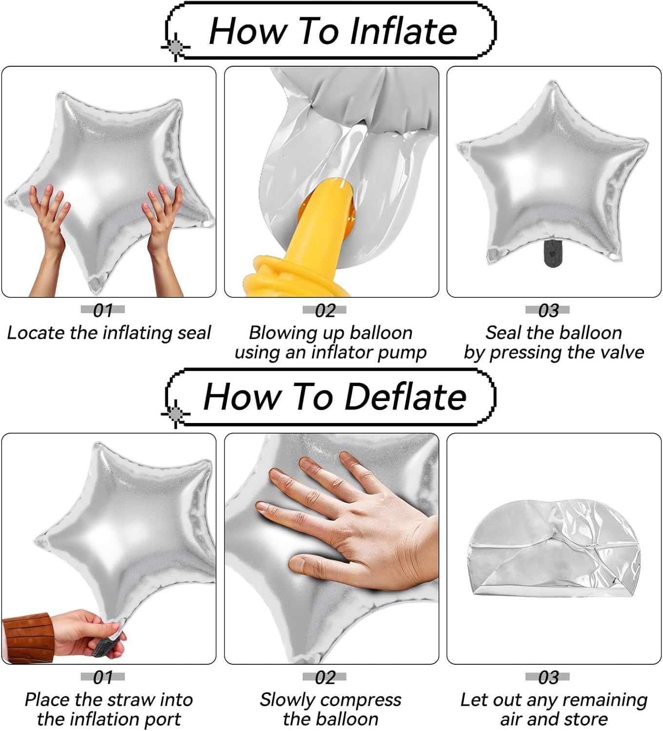 16 Pcs Black Silver Star Balloons,22/18/10 Inch Foil Balloons, Four-Pointed Balloon for Birthday Graduation Anniversary Wedding Baby Shower Party Decorations