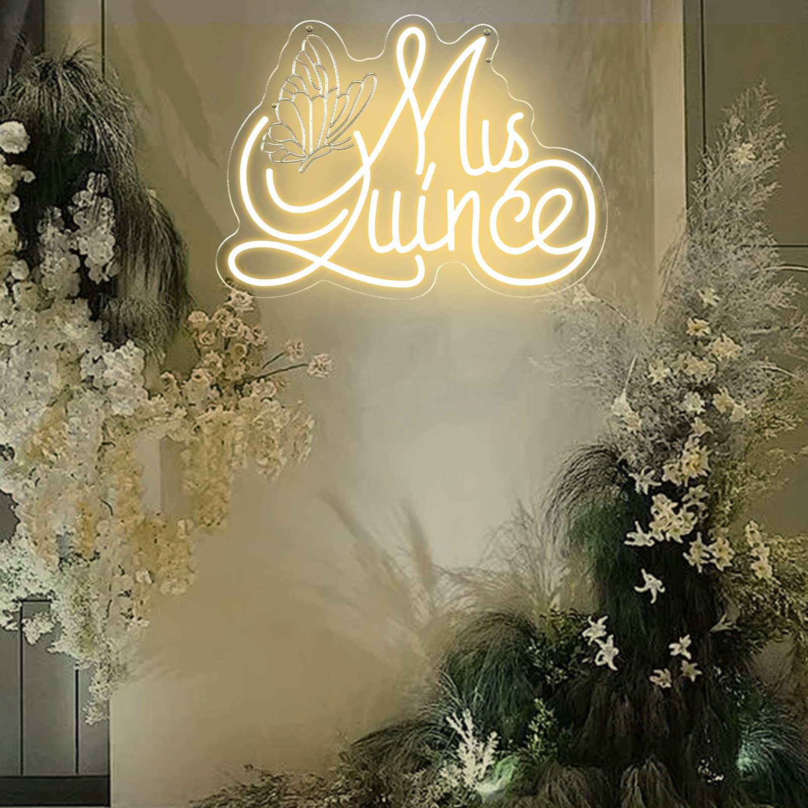 Mis Quince Neon Sign with Engraved Butterfly Design for Quinceanera Decor