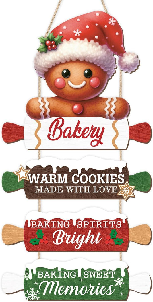 CHDITB Wooden Gingerbread Bakery Christmas Door Hanger, Rustic Christmas Wall Hanging Sign with Cookies Rolling Pin Warm Saying, Farmhouse Xmas Winter Holiday Decor for Indoor Outdoor
