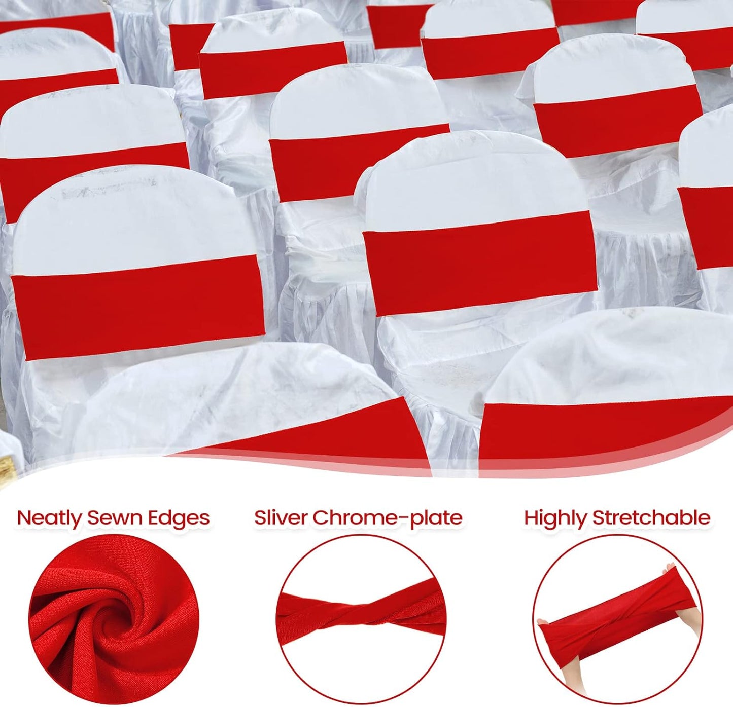 Kinlop 50 Pcs Spandex Chair Sashes Bows Chair Bands Slider Sashes for Covers Elastic Bands Ties Without Buckle Decorations for Wedding Party Events Ceremony Birthday(Red)