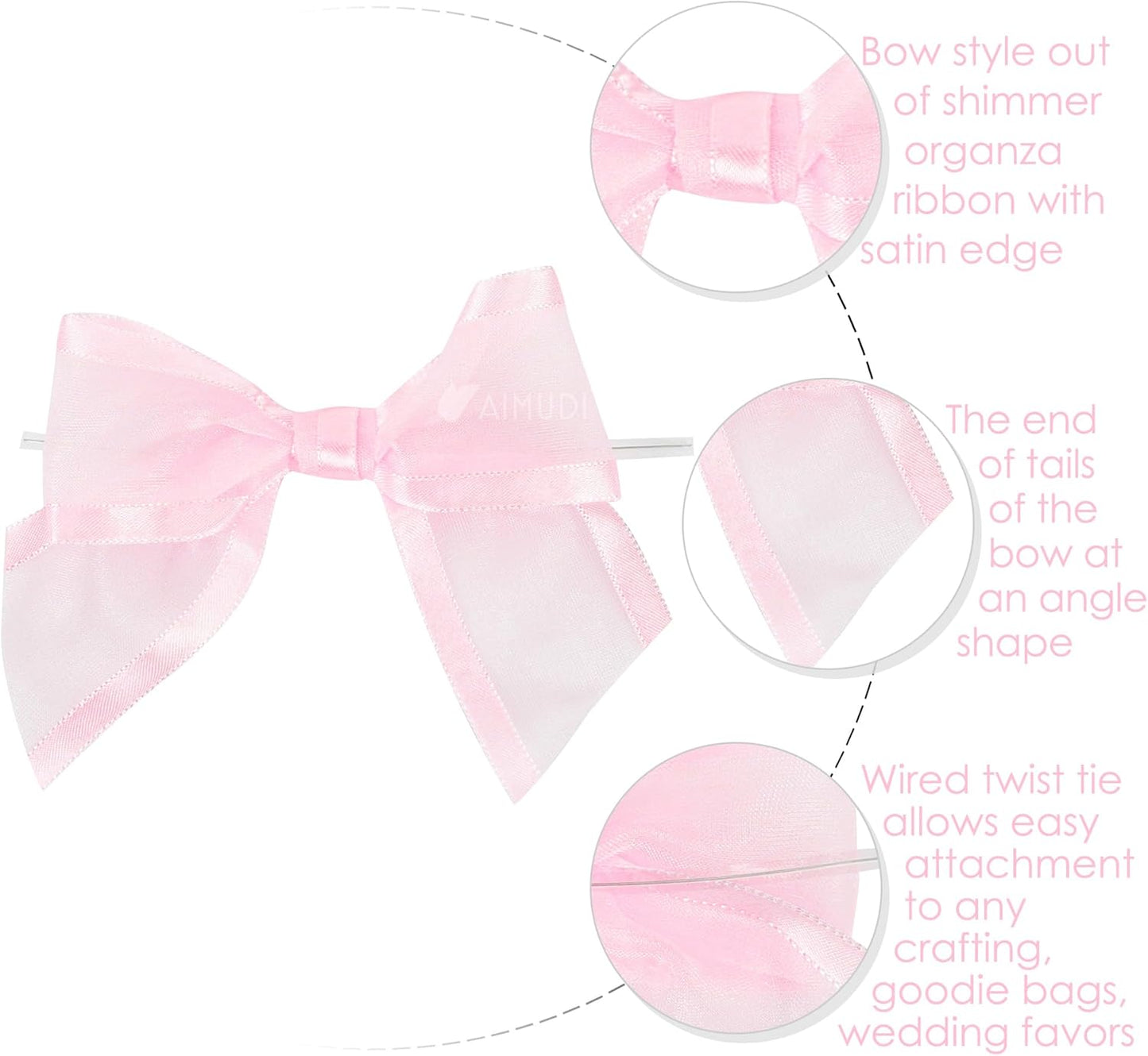 AIMUDI Pink Ribbon Bows 4" Organza Bows Premade Twist Ties Bows for Gift Wrapping Crafts Treat Bags Baskets Cake Pop Baby Shower Birthday Wedding Decor - 12 Counts