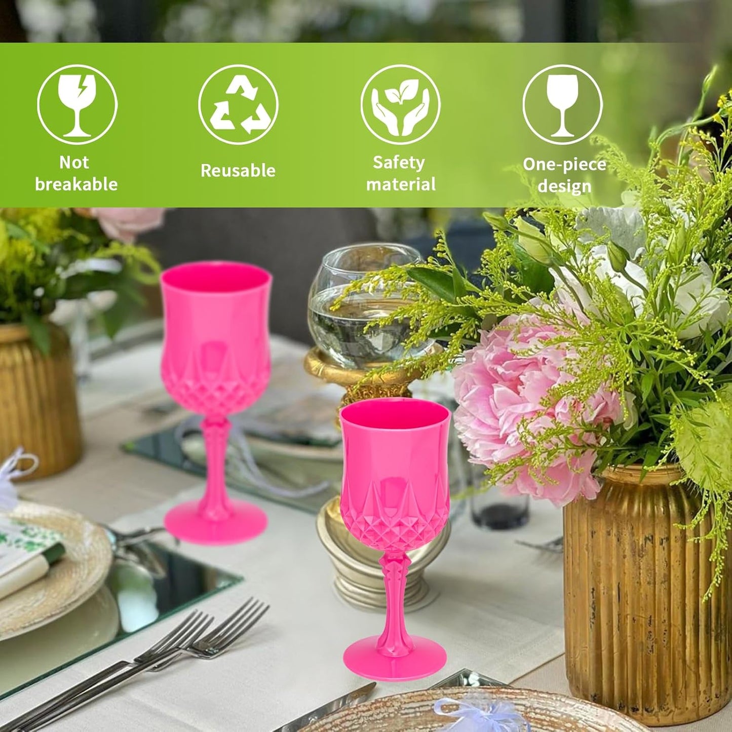 Plastic Vintage Wine Glasses 7OZ Plastic Goblets Vintage Drinking Glasses 12PCS Retro Wedding Glassware Water Goblets Reusable Drinking Cups for Party,Reception,Celebration,Bar,Whiskey(Rose Pink)