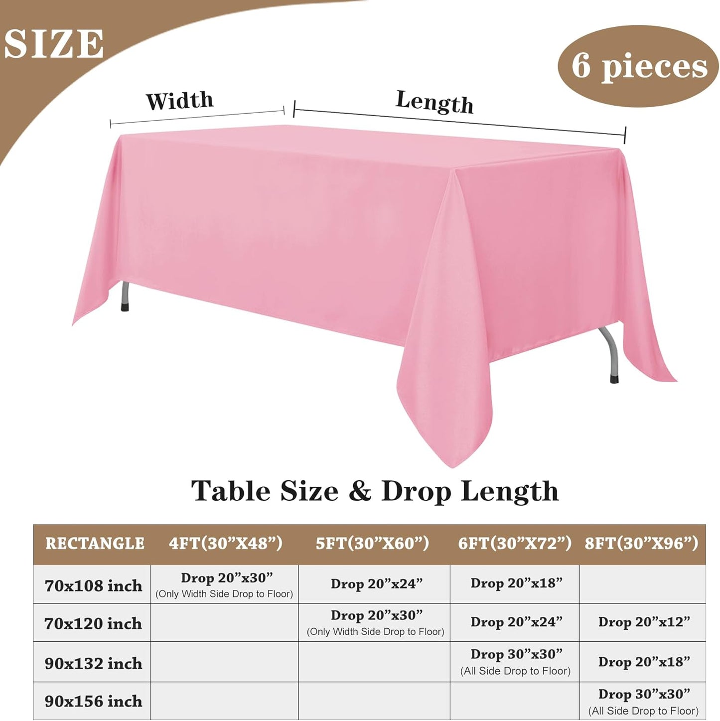 Fitable Pink Tablecloths for Rectangle Tables, 6 Pack - 70 x 120 Inches - Reusable and Washable Table Clothes for 6-8 Ft Tables, Polyester Fabric Table Covers for Wedding, Party, Banquet