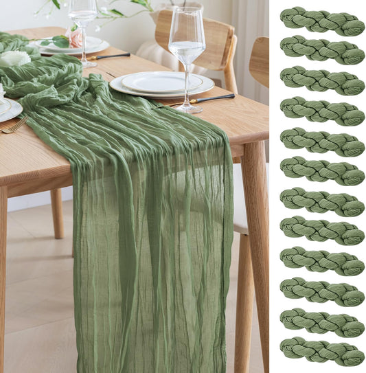 Asee'm 12pcs Cheesecloth Table Runner 120 Inches Sage Green Boho Gauze Cheese Cloth Runner 10FT Rustic Sheer Table Runners for Summer Wedding Baby Shower Holiday Party Decoration