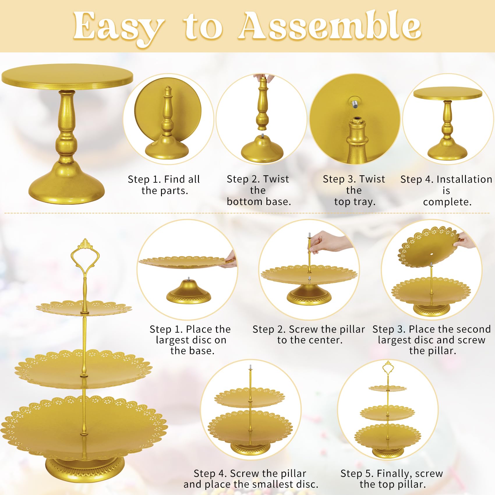 Fivenl 8 Pcs Cake Stand Gold Metal Dessert Table Display Set, 3-Tier Cupcake Stand, Cake Display