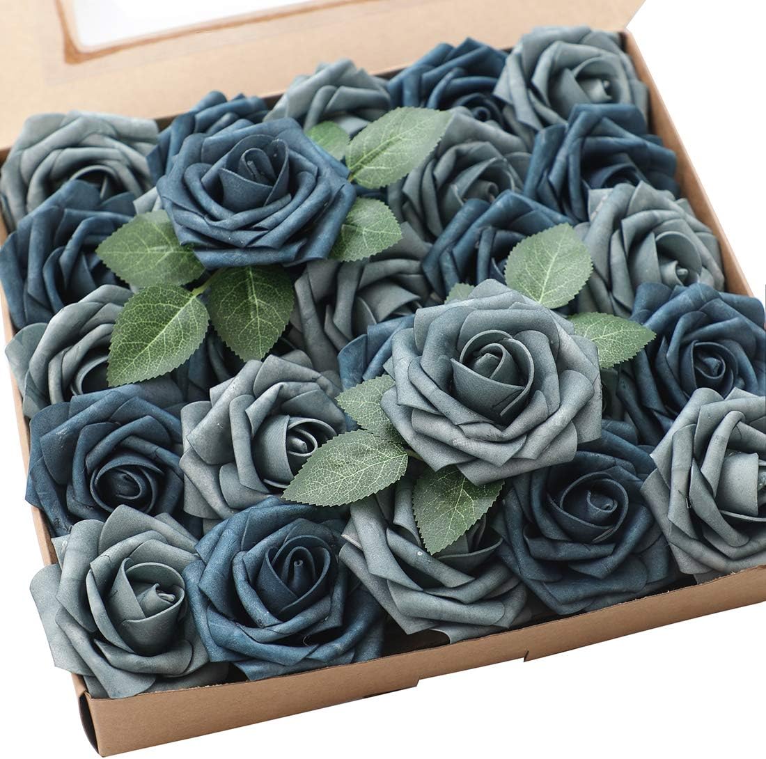 Floroom Artificial Flowers 25pcs Real Looking Dusty Blue Foam Fake Roses with Stems for DIY Wedding Bouquets Bridal Shower Floral Centerpieces Party Tables Decorations
