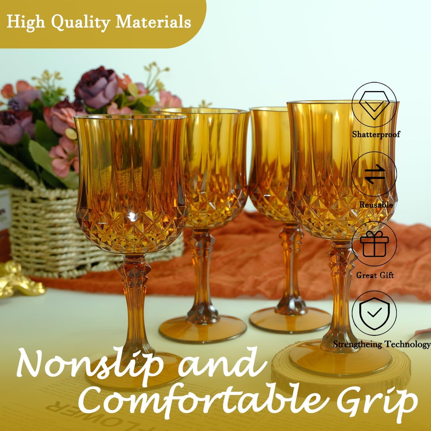 Plastic Wine Glasses，Plastic Goblets Vintage Style Cordial Drinking Glasses for Wedding Reception, Grand Event Party Supplies (12, Amber)