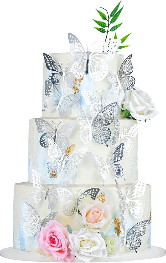 Gyufise 36 Pack Silver Glitter 3D Butterfly Cupcake Toppers Hollow Cake Decorations for Birthday Wedding Fairy Party Wall Sticker Decal