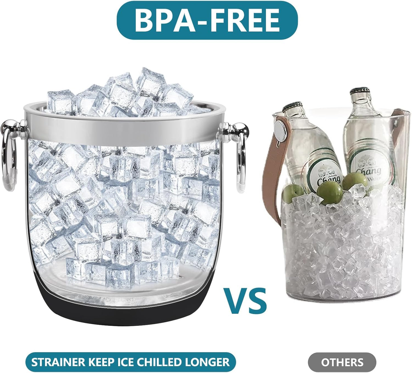 Double-Wall Stainless Steel Insulated Ice Bucket With Lid & Ice Tong [3 Liter] Included Strainer Keeps Ice Cold & Dry, Home Bar, Chilling Beer, Champagne, Wine Bottle