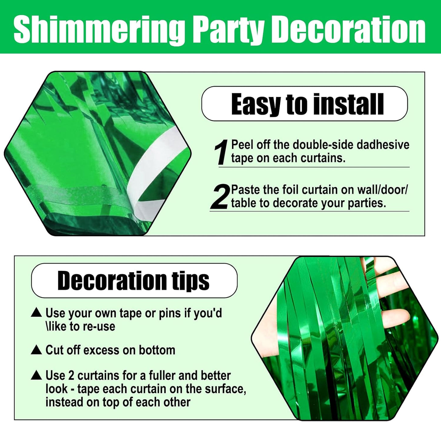 3 Pack Green Foil Fringe Curtain Backdrop, 3.28Ft x 8.2Ft Metallic Tinsel Foil Fringe Streamer Curtains for Photo Booth, Christmas Day, Thanksgiving, Wedding, New Year Party Decorations