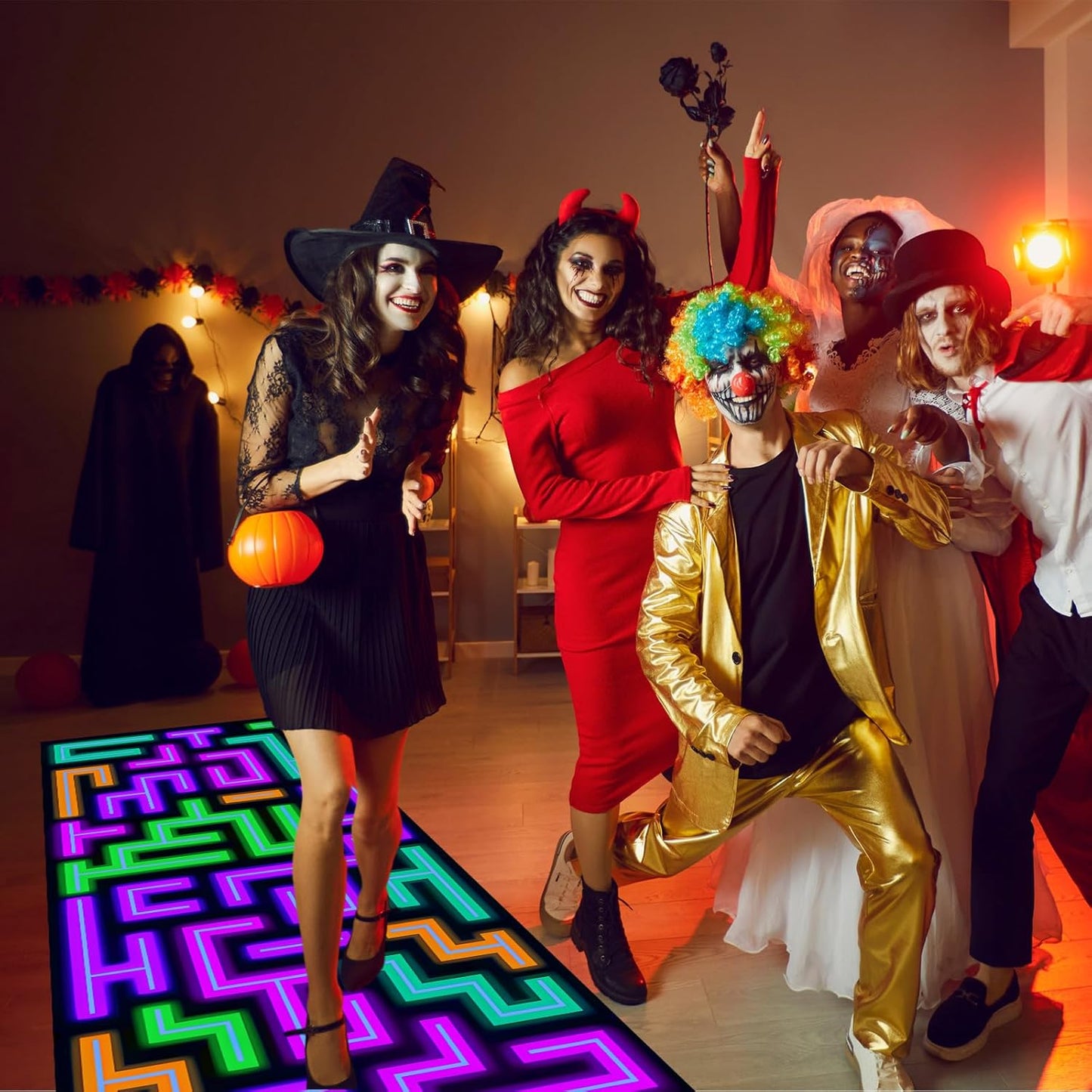 Haull 118 x 39 Inch Neon Light up Dance Floor Glow in The Dark Runner UV Reactive Blacklight Floor Aisle Runner Decor Wall Props for 80s 90s Neon Birthday Party Decorations(Labyrinth)