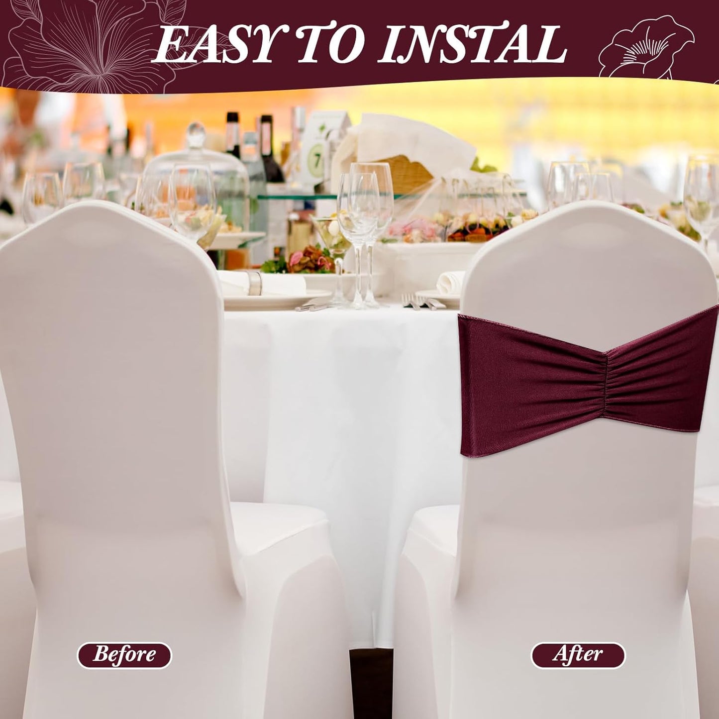 Moukeren 100 Pcs Spandex Chair Sashes Bows Bands Slider Sashes for Chair Covers Elastic Bands Ties Ribbon Decorations for Wedding Party Events Ceremony Birthday Banquet (Burgundy)