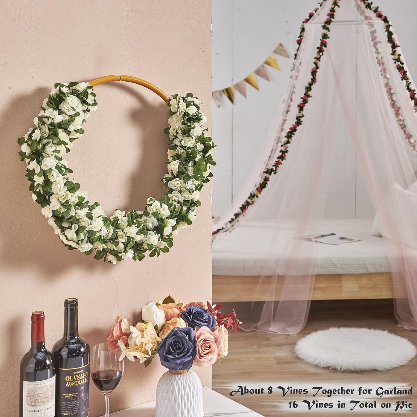 8 Pcs x 8.2 ft Flower Garland Artificial Rose Vine Flowers with Green Leaves Hanging Fake Roses Vine for Room Party Home Wedding Birthday Christmas Wall Arch Decor, Spring White Flower