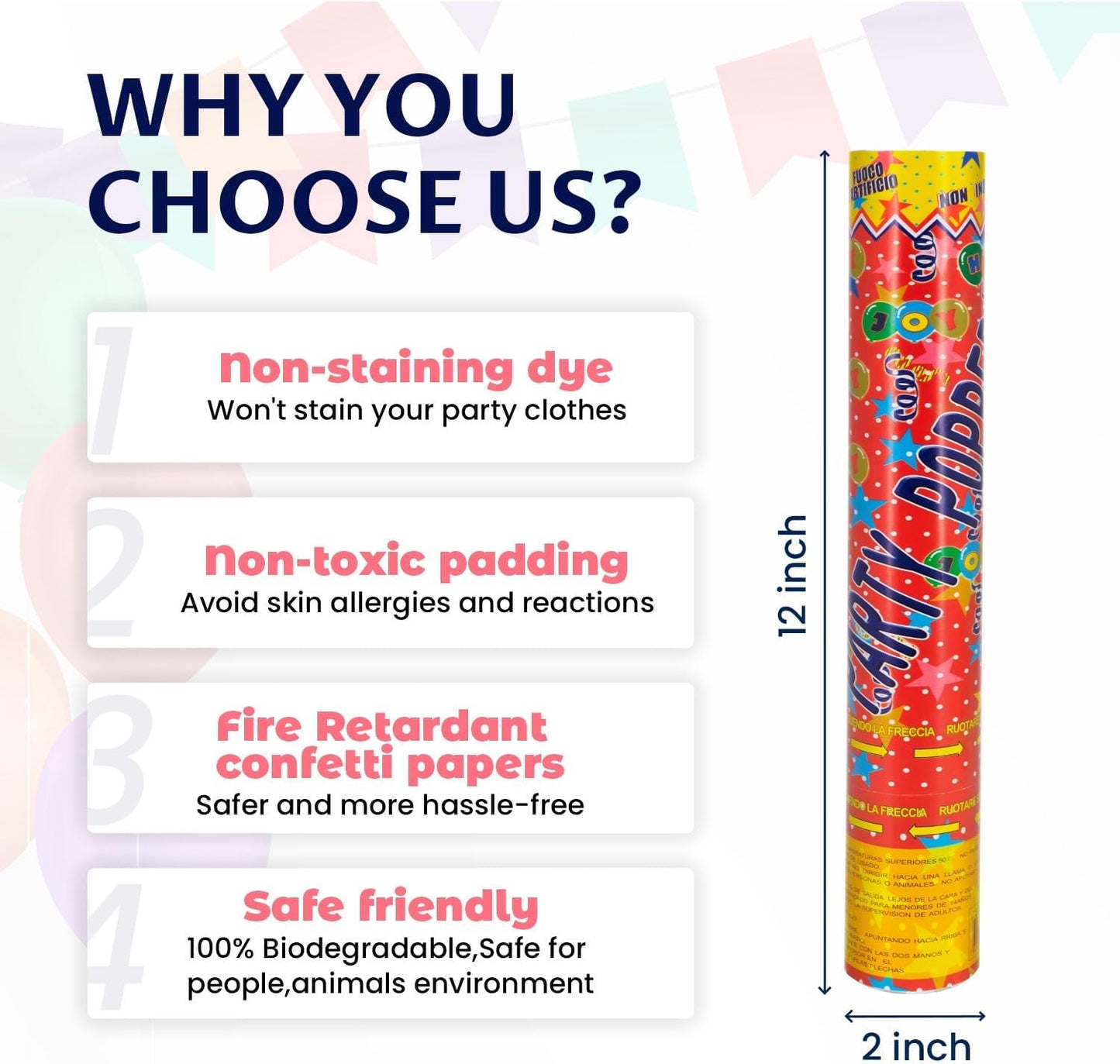 Confetti Cannon 12Inch Multicolor confetti popper party streamer Biodegradable 12Pack Party Popper Streamer Shooters for Weddings Birthdays Graduations Baby Showers Christmas New Year Celebrations