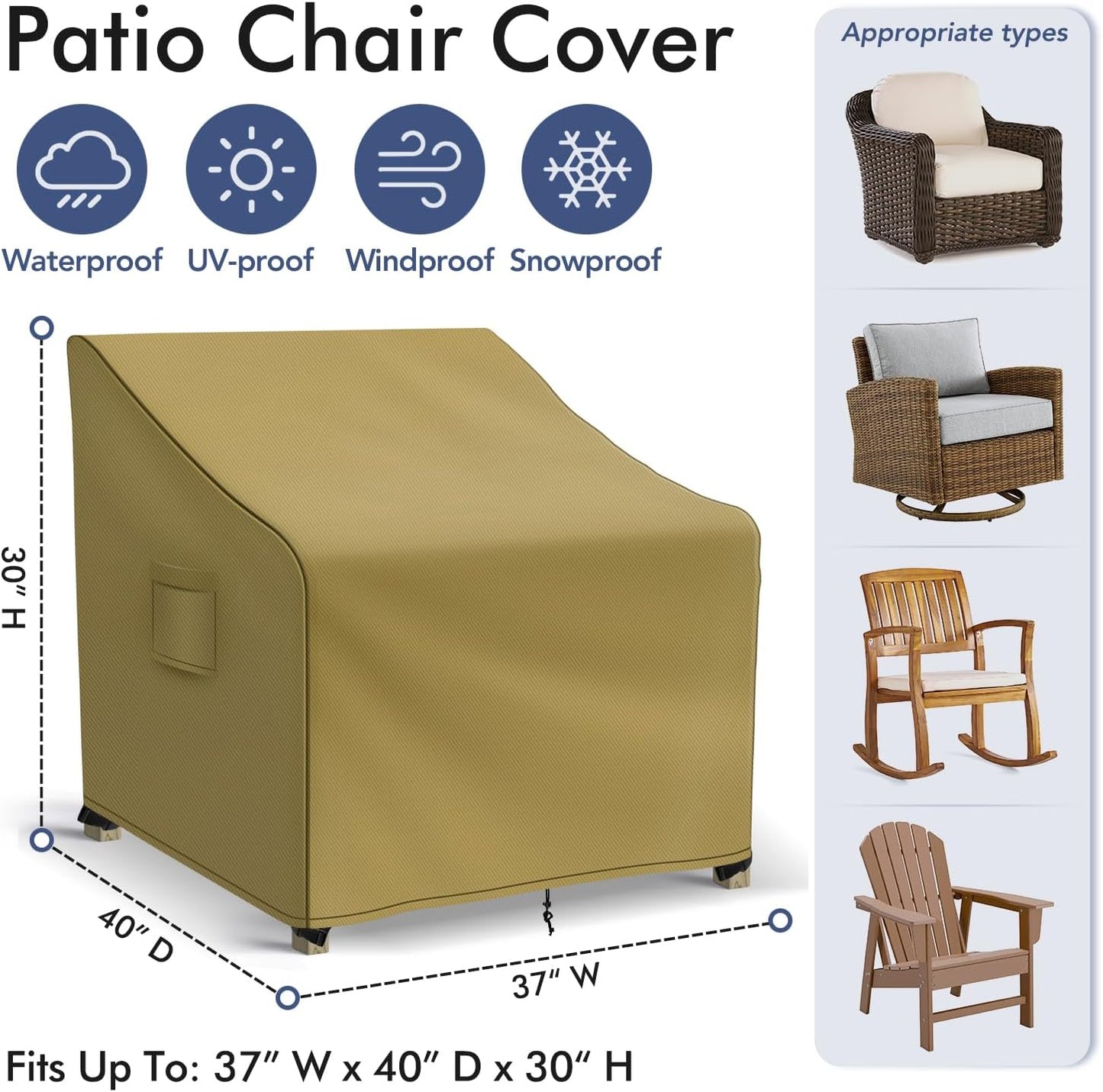 Patio Furniture Covers Waterproof for Chairs, Lawn Outdoor Chair Covers 2 Pack, Patio Chair Covers for Outdoor Furniture Fits up to 37W x 40D x 30H inches, Khaki